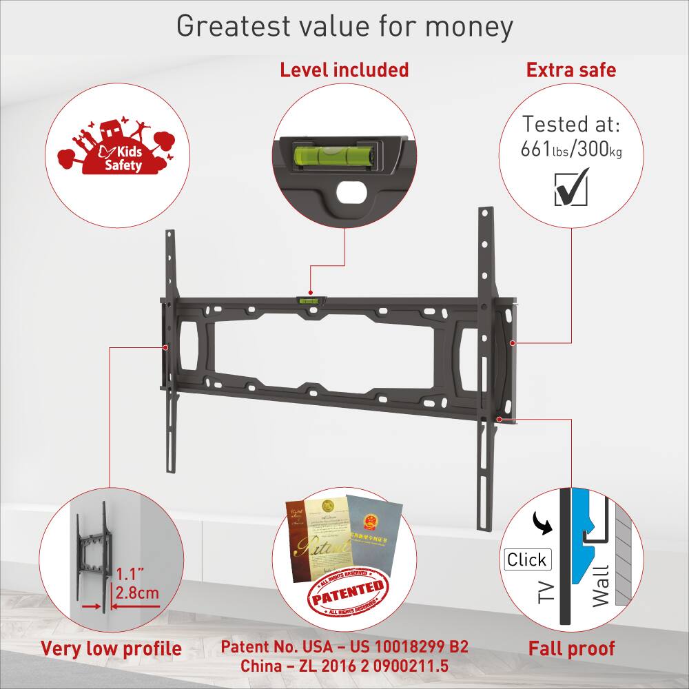 Greatest value for money  
Level included  
Extra safe  

Tested at: 661 lbs/300 kg  

1.1" / 2.8 cm  

adidas: TA Pitint EEsera CNL CLR  

PATENTED  

MTRN ALL N  

Click TV Wall  

Very low profile  

Patent No. USA - US 10018299 B2  
China - ZL 2016 2 0900211.5  

Fall proof  

Kids Safety