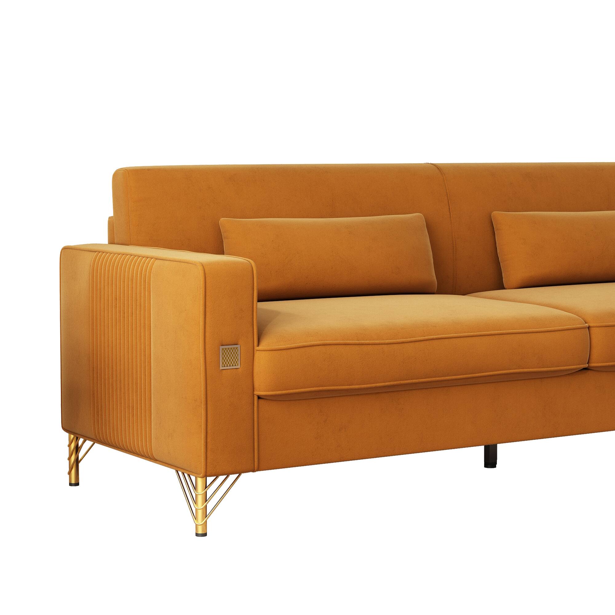 Back. Anysun - Luxury 3-Seat Velvet Sofa with Gold Accents - Plush Cushions for Living Room & Office. - Orange.