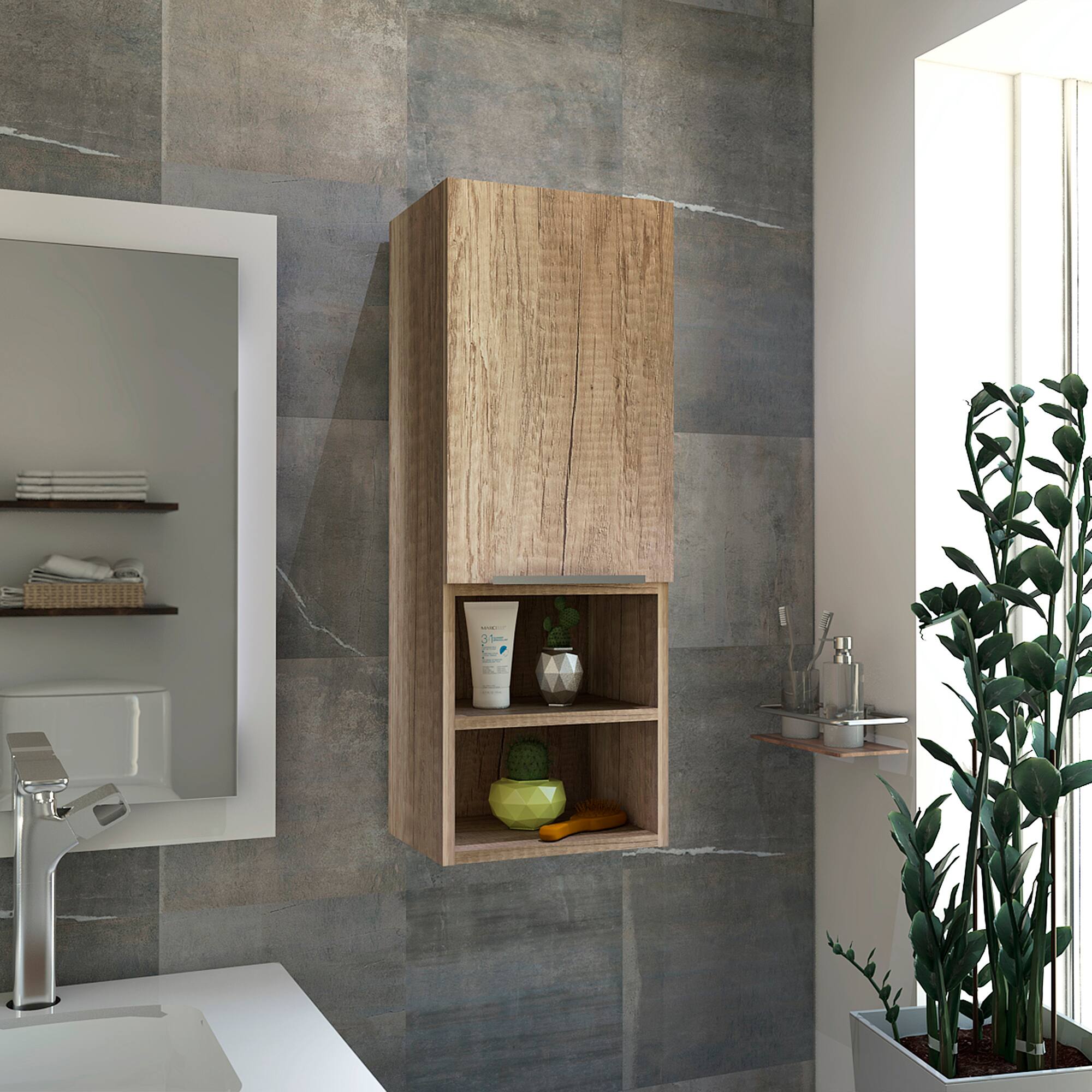 Angle. TuHome - Mila Bathroom Cabinet, Two Interior Shelves, Two External Shelves, Single Door Cabinet - Pine.
