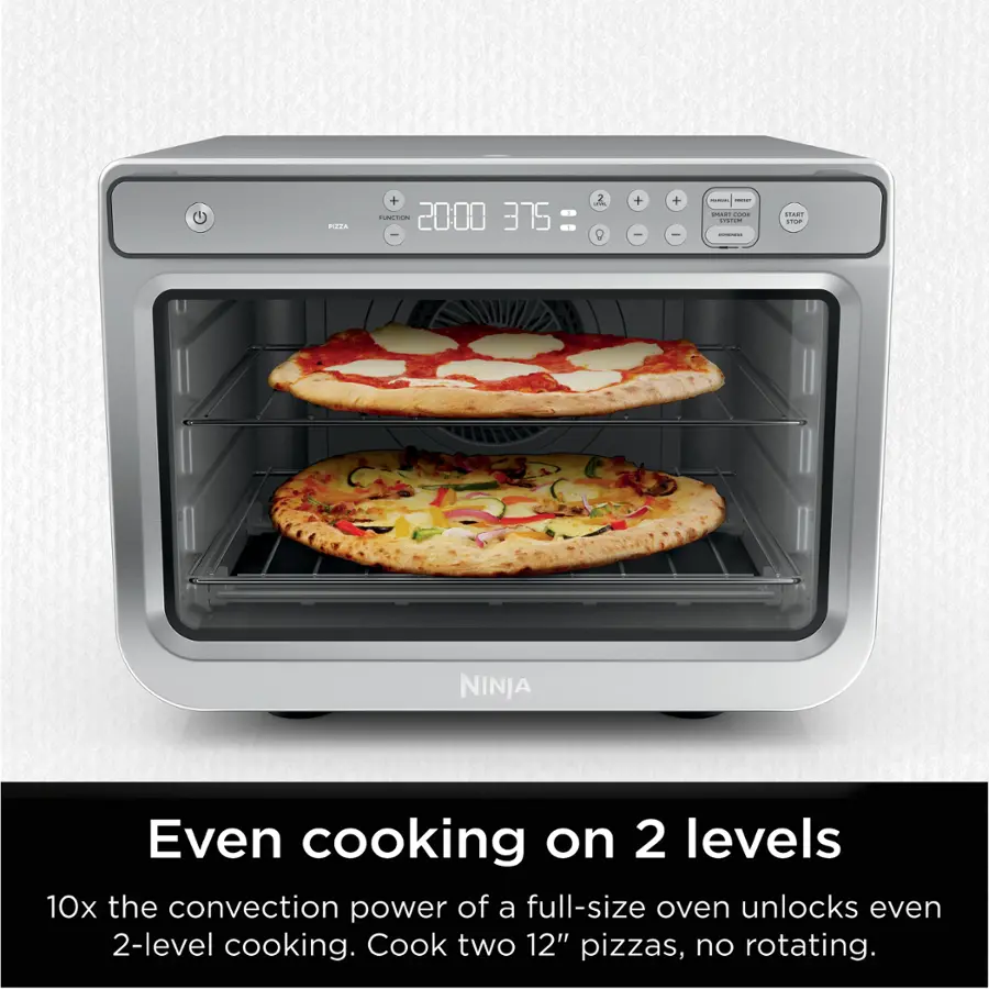 The text on the image reads: "Even cooking on 2 levels 10x the convection power of a full-size oven unlocks even 2-level cooking. Cook two 12" pizzas, no rotating."