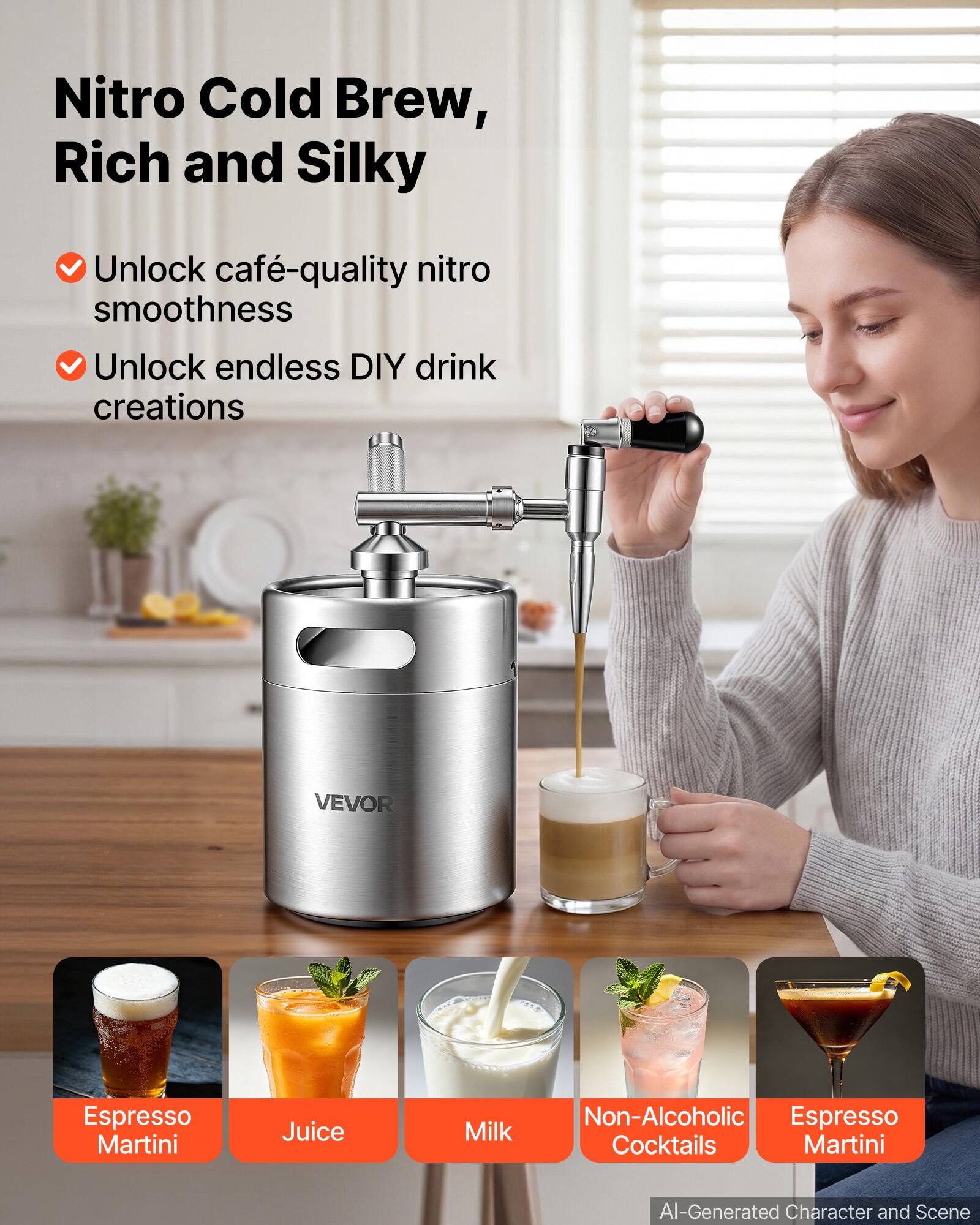 Nitro Cold Brew, Rich and Silky

- Unlock café-quality nitro smoothness
- Unlock endless DIY drink creations

VEVOR

Espresso Martini
Juice
Milk
Non-Alcoholic Cocktails
Espresso Martini

AI-Generated Character and Scene