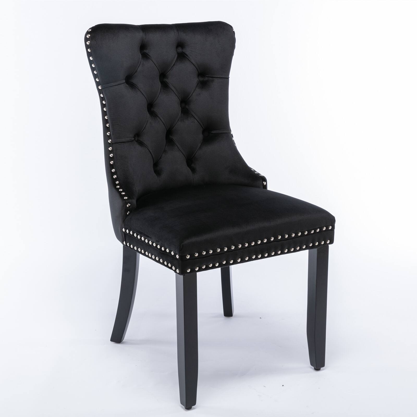 Alt View 3. Z-Edge - Velvet Dining Chairs Set of 2, Upholstered High-end Tufted Dining Room Chair with Nailhead Back Ring Pull Trim Wood Legs - Black.