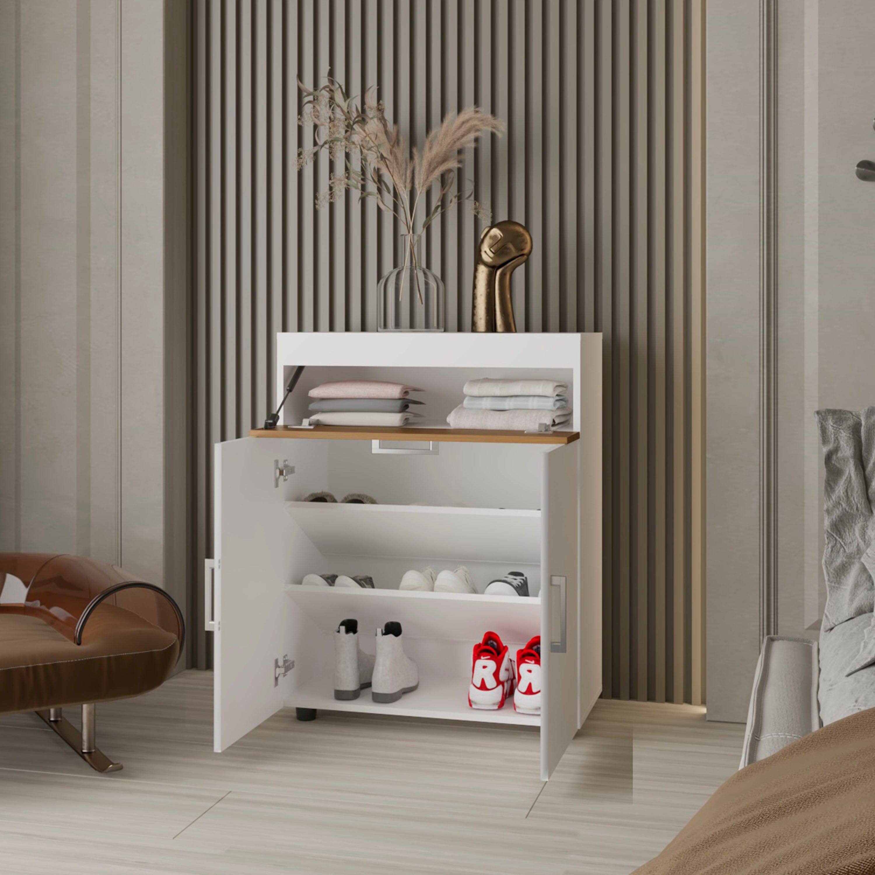 Angle. APRILSOUL - Pneumatic Lift-Up Compartment Shoe Rack - Oak,White.