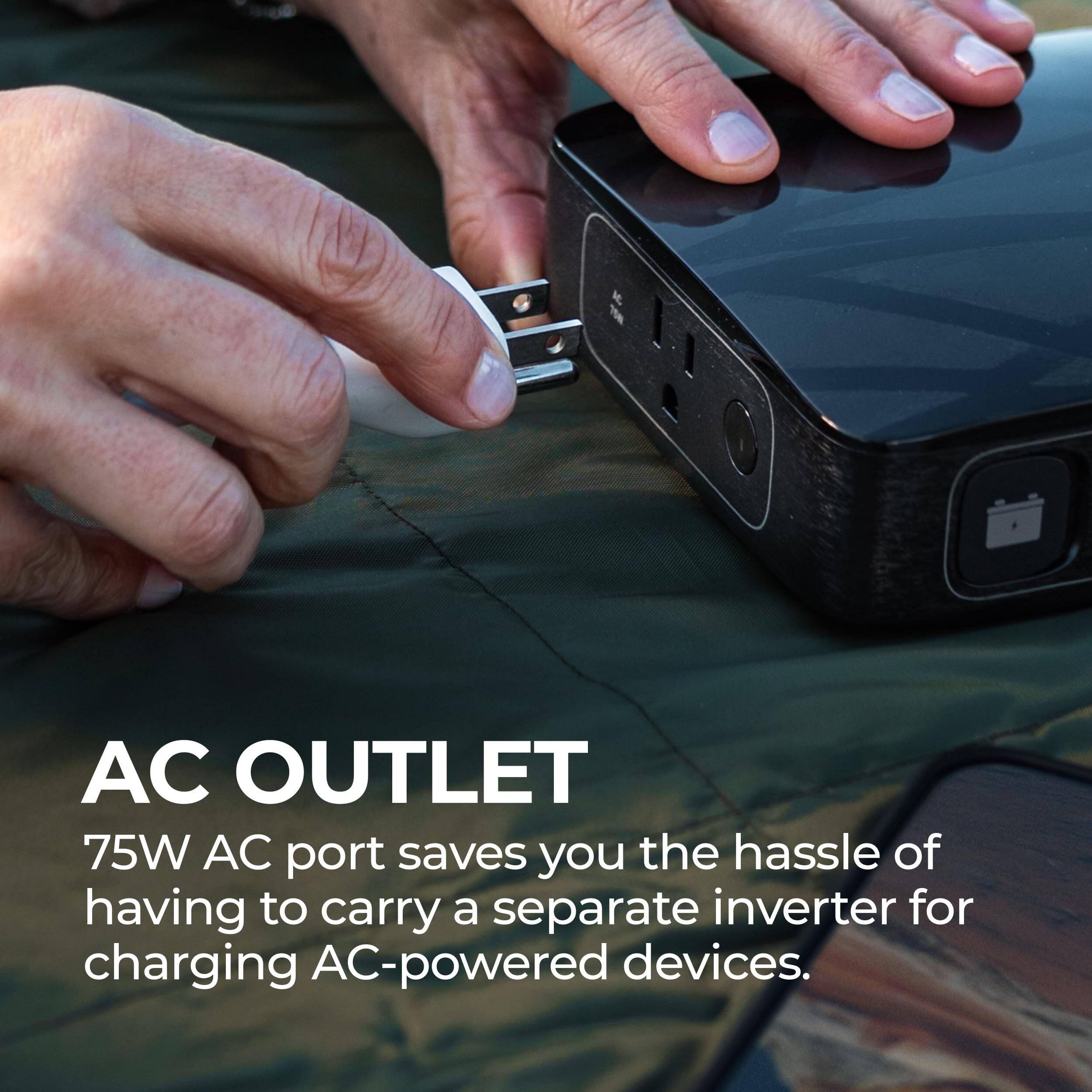 AC OUTLET  
75W AC port saves you the hassle of having to carry a separate inverter for charging AC-powered devices.
