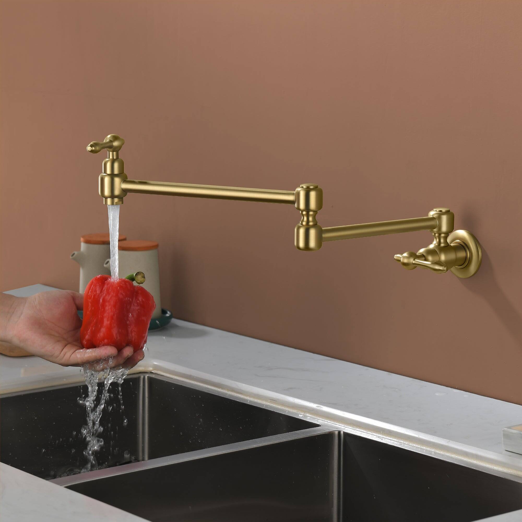 Alt View 10. Boyel Living - Brushed Gold Wall Mounted Double Handle Pot Filler 1.8 GPM with Ceramic Cartridge and Mounting Hardware - Brushed Gold.