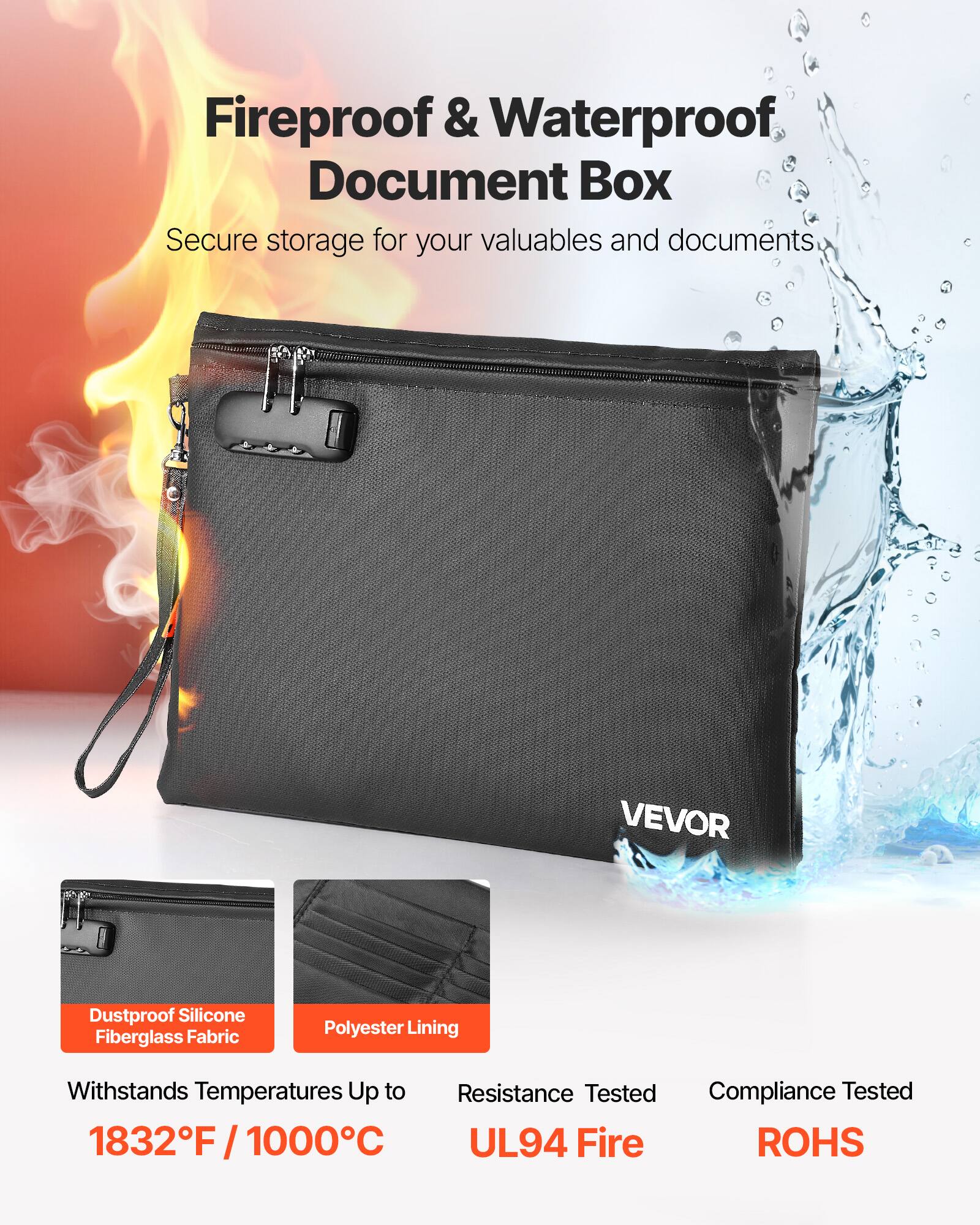 Fireproof & Waterproof Document Box

Secure storage for your valuables and documents.

- Dustproof Silicone Fiberglass Fabric
- Polyester Lining
- Withstands Temperatures Up to 1832°F / 1000°C
- Resistance Tested UL94 Fire
- Compliance Tested ROHS