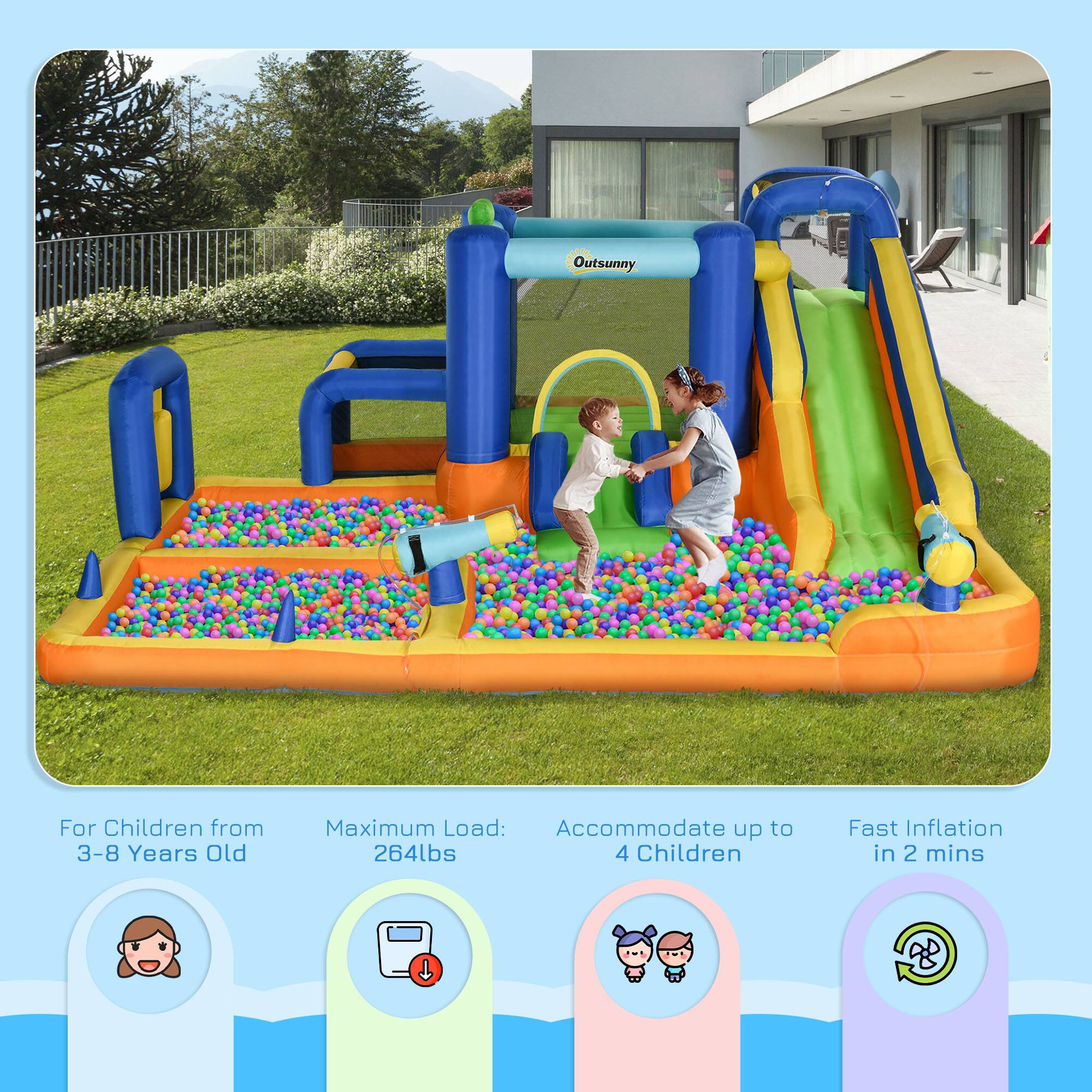 Outsunny For Children from 3-8 Years Old  
Maximum Load: Accommodate up to 264lbs  
4 Children  
Fast Inflation in 2 mins