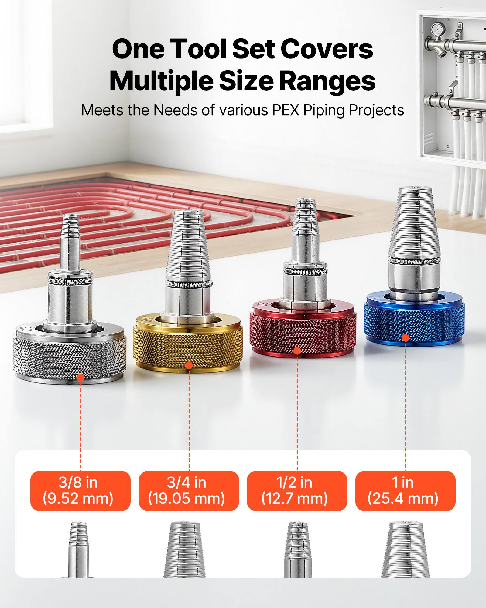 One Tool Set Covers Multiple Size Ranges  
Meets the Needs of Various PEX Piping Projects  

3/8 in (9.52 mm)  
3/4 in (19.05 mm)  
1/2 in (12.7 mm)  
1 in (25.4 mm)