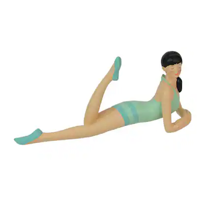 Front. Fancy That - Brunette Bathing Beauty Figurine – Vintage Charm in Striped Swimsuit - Multicolored.