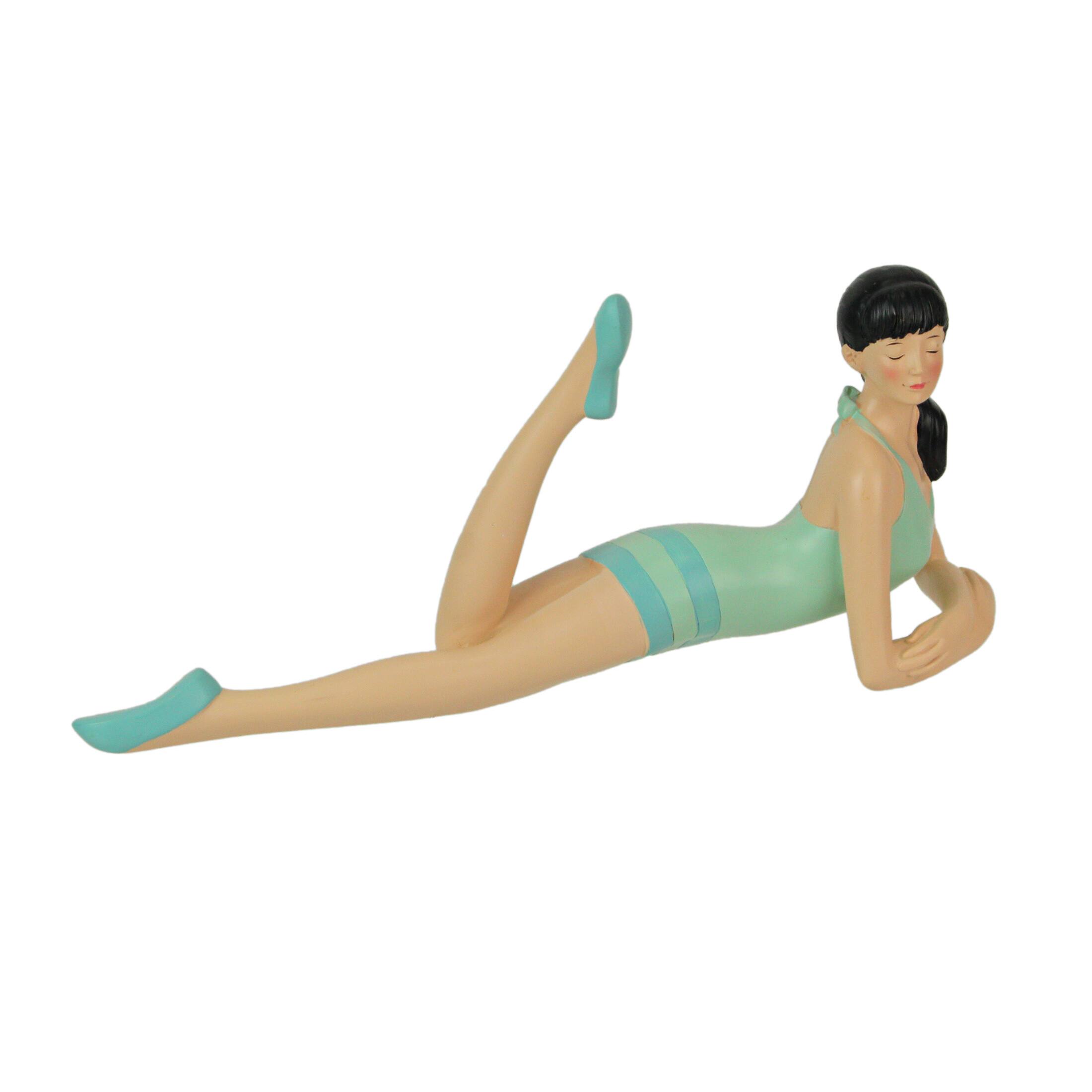 Front. Fancy That - Brunette Bathing Beauty Figurine – Vintage Charm in Striped Swimsuit - Multicolored.