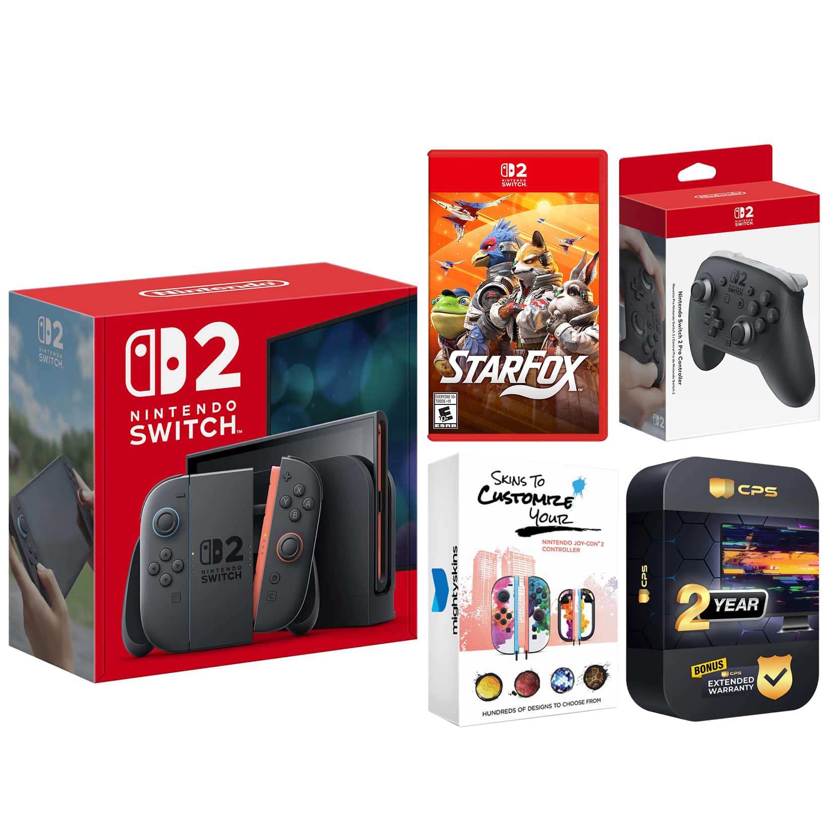 Switch 2 Console with Star Fox Game, Pro Controller, MightySkins and 2 Year Extended Warranty Bundle