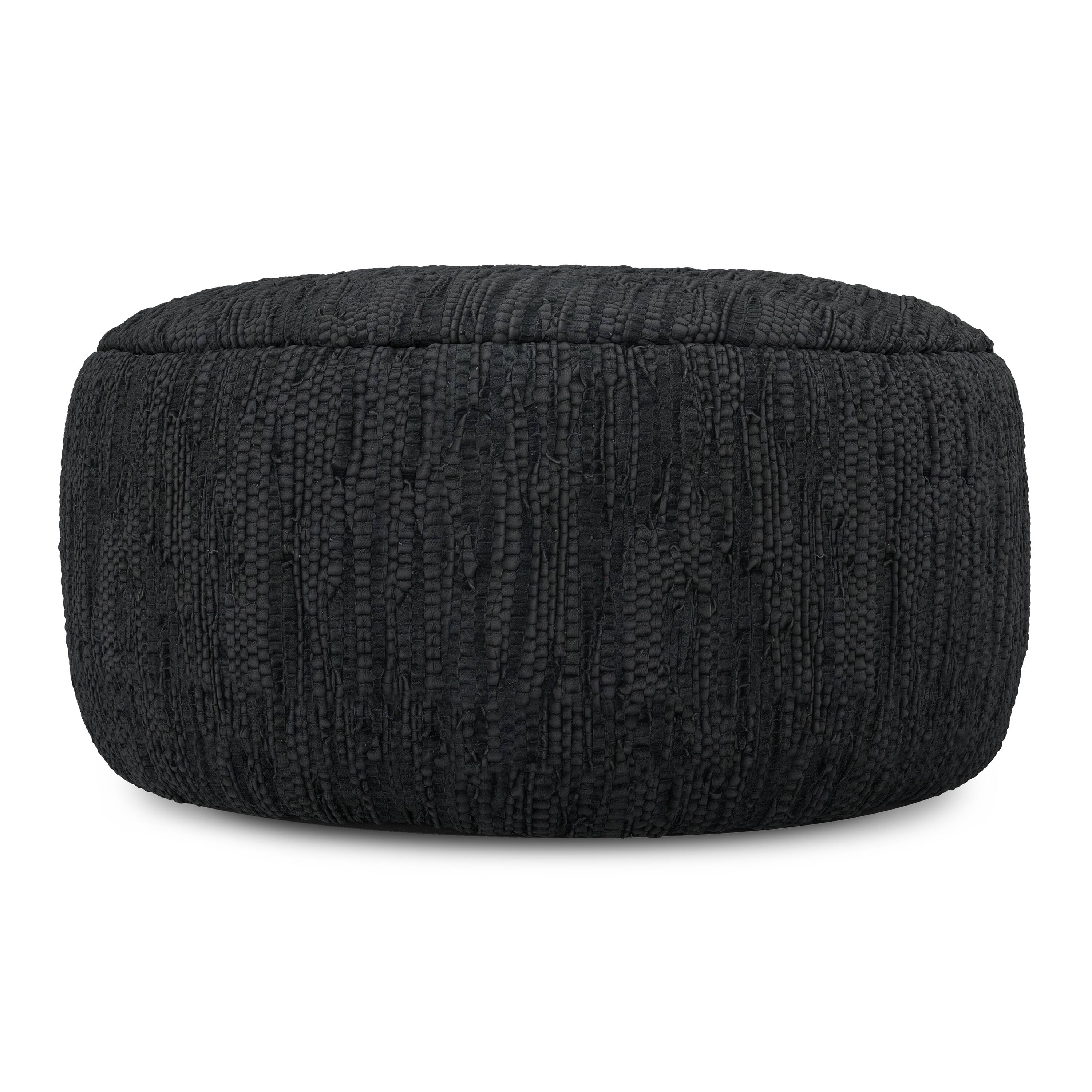 Left. Simpli Home - Fredrik 30 inch Wide Boho Pouf in Black Genuine Woven Leather, Assembled - Black.