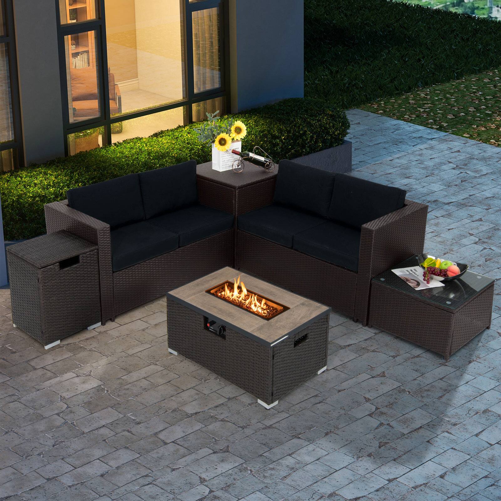 Alt View 1. Gymax - Gymax 6PCS Outdoor Wicker Furniture Set w/32'' Propane Fire Pit Table & Tank Holder - Brown.
