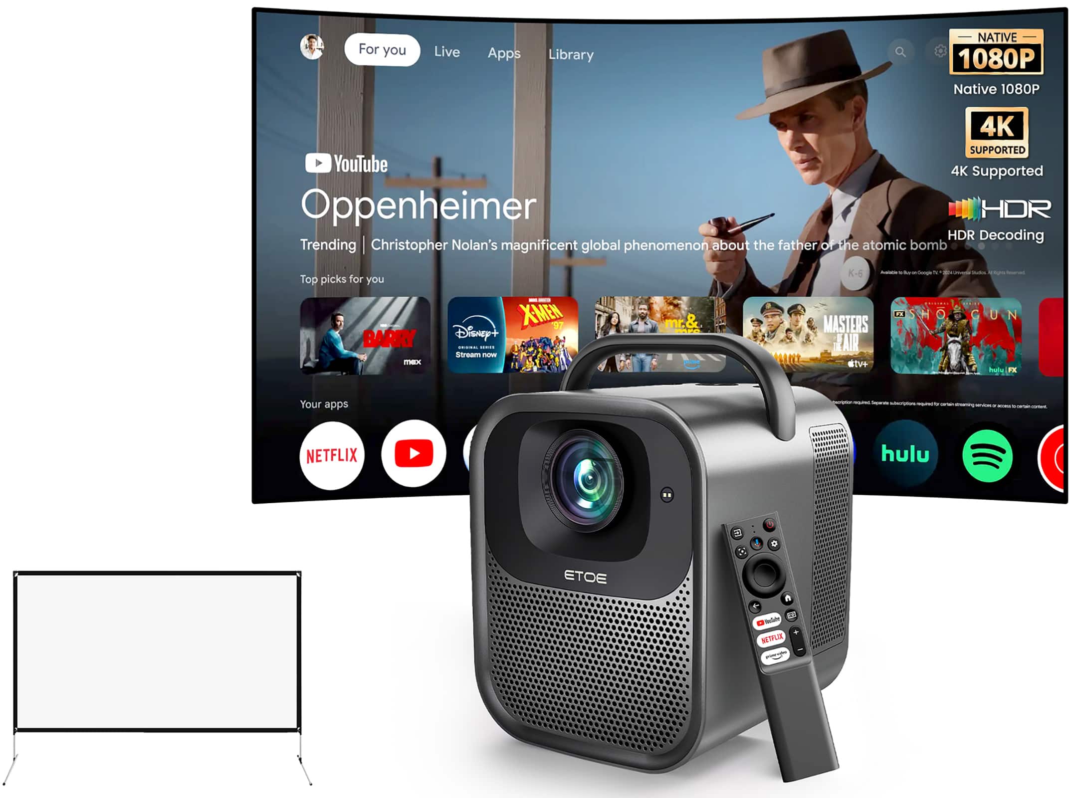 ETOE - Seal Pro 1080P Google TV Projector w/ Netflix Certified & 50'' Projection Screen, 20W Dolby Audio, Auto Focus & Keystone - Black