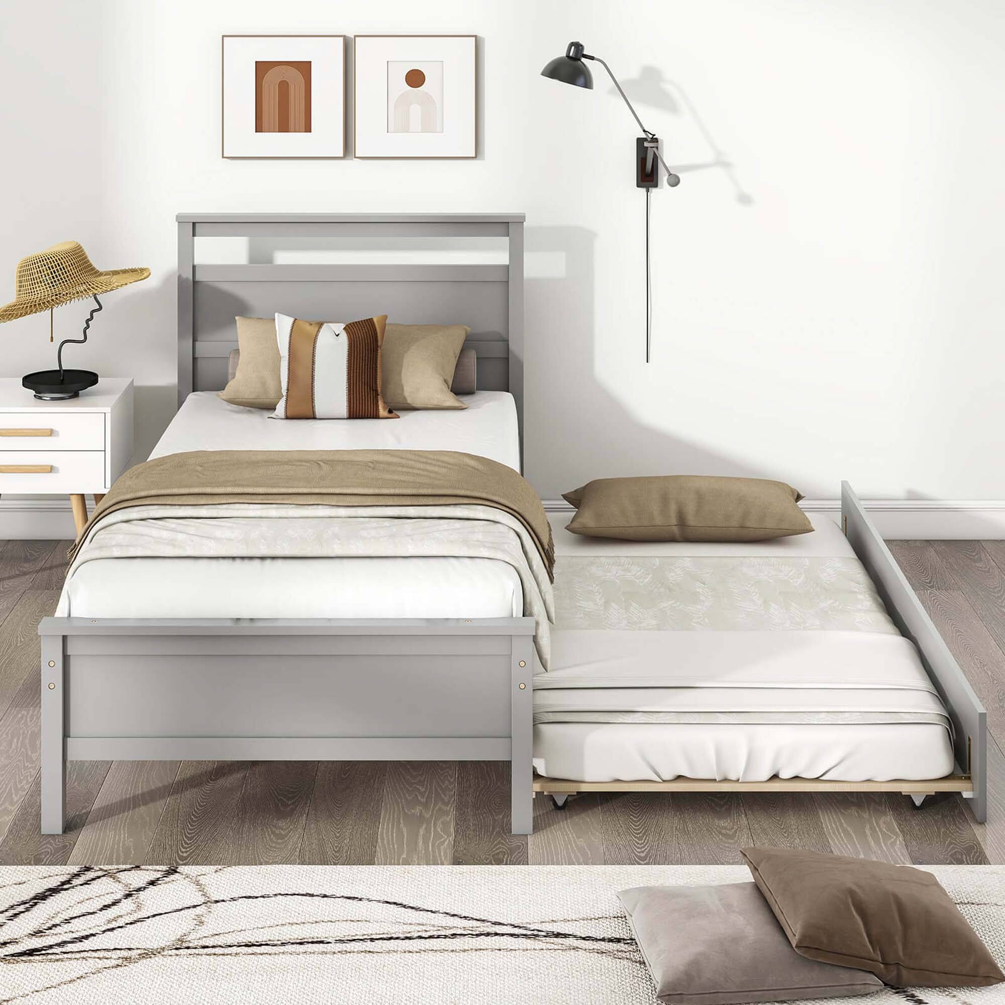 Alt View 1. Costway - Twin Size Platform Bed with Trundle Pull-out Trundle Headboard & Footboard - Gray.