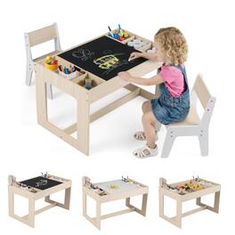Costway - Multifunctional Kids Table & 2 Chairs Set with Removable Double-sized Tabletop - Natural + White