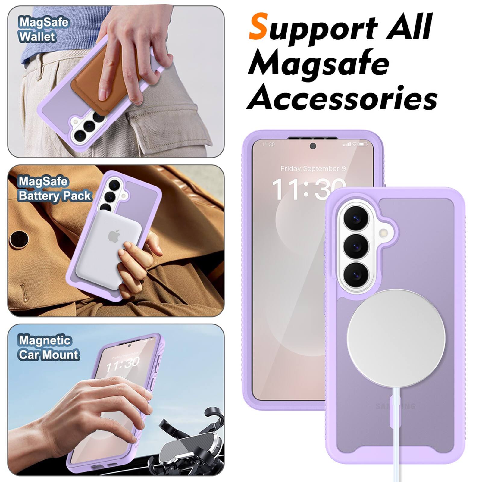 MagSafe Wallet  
Support All MagSafe Accessories  
11:30  
MagSafe Battery Pack  
Friday, September 9 11:30  
Magnetic Car Mount  
11:30