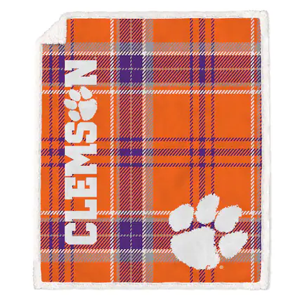 Front. Pegasus - Clemson Tigers 50" x 60" Playmaker Plaid Ultra Cozy Sherpa Throw - Multicolor.