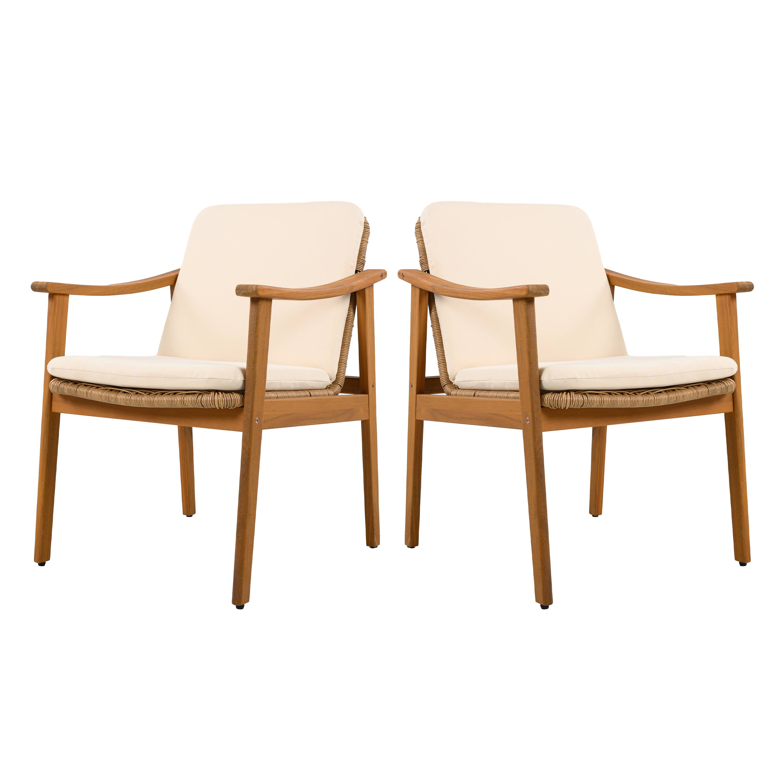 Left. Mondawe - Set of 2 Acacia Wood Outdoor Dining Chairs with Waterproof Cushions - Beige.