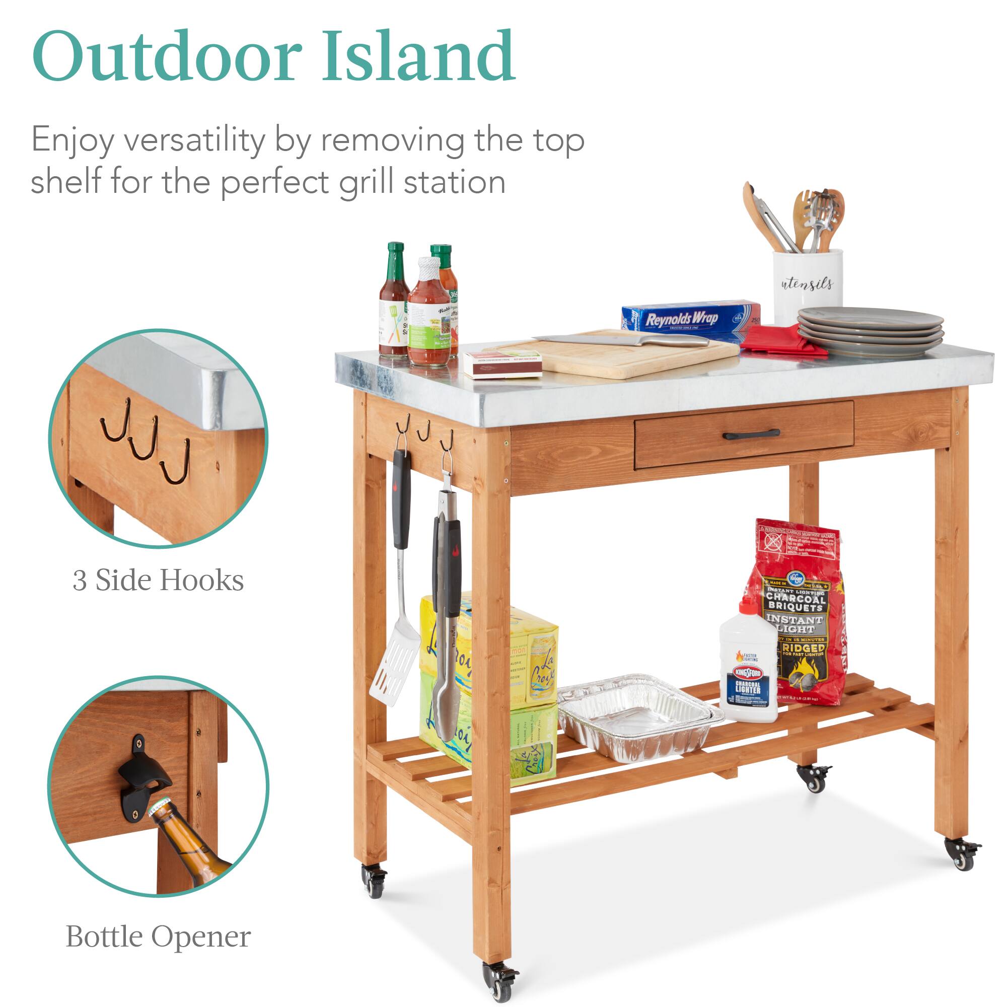 Outdoor Island  
Enjoy versatility by removing the top shelf for the perfect grill station  

- 1 Reynolds Wrap  
- 3 Side Hooks  
- 1 Bottle Opener  

- CHARCOAL BRIQUETS INSTANT MONTÉGÉ