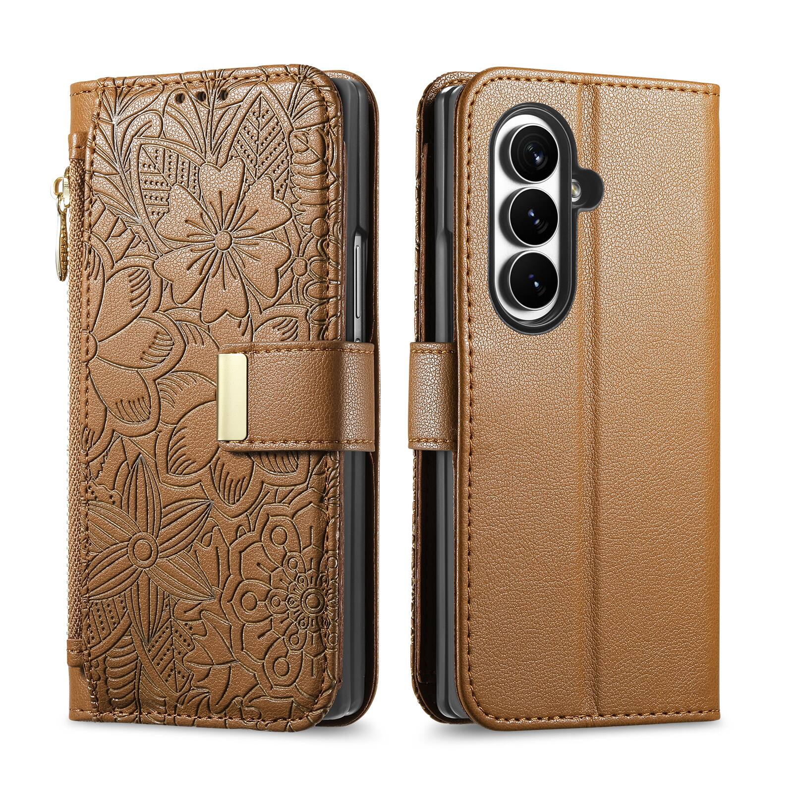 Angle. UUCOVER - Zipper Wallet Embossed Case for Samsung Galaxy Z Fold 8 Ultra,Shockproof Leather+PC Magnetic Case Card Slots Stand Cover - Brown.
