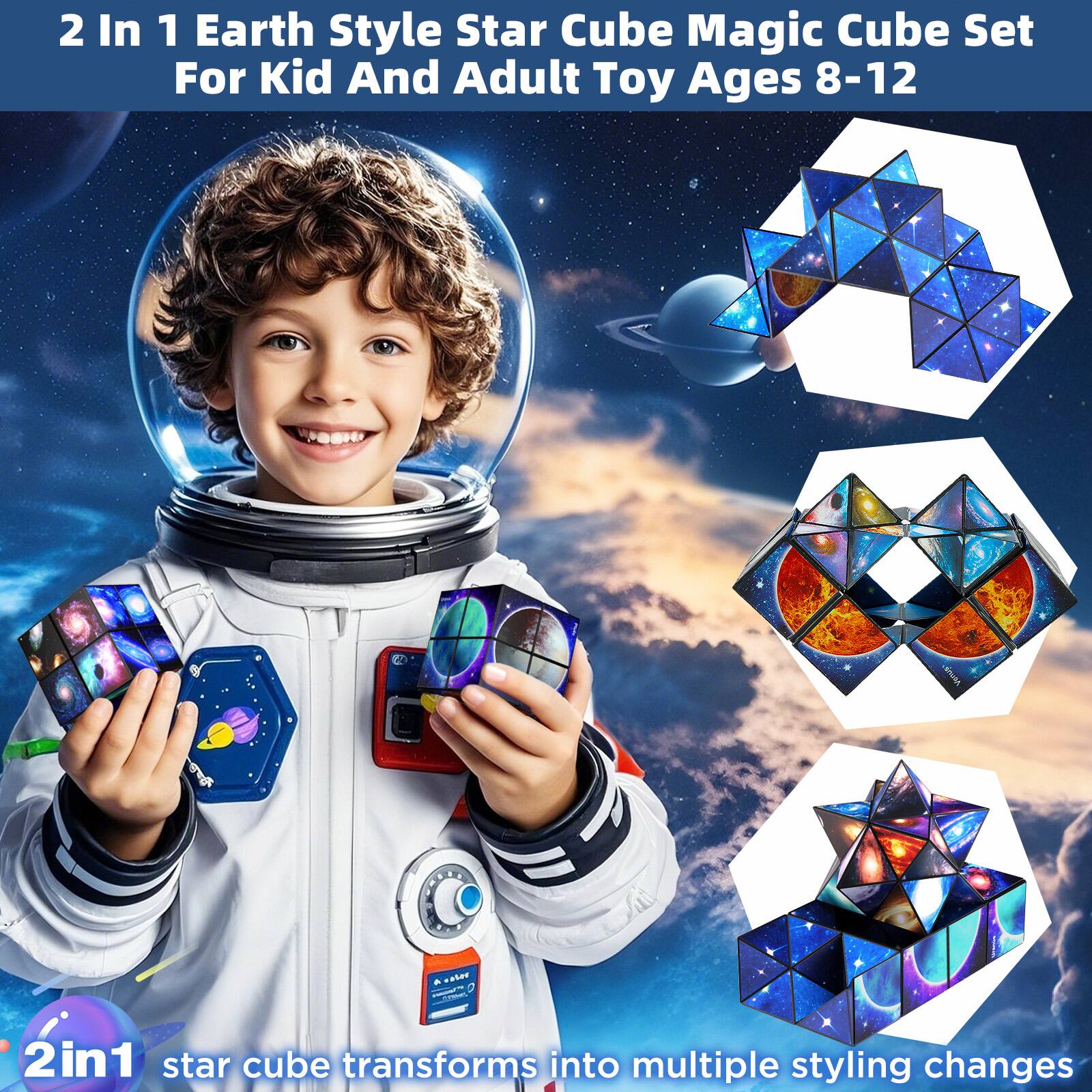 2 In 1 Earth Style Star Cube Magic Cube Set For Kid And Adult Toy Ages 8-12  
- - atre 2in1 star cube transforms into multiple styling changes