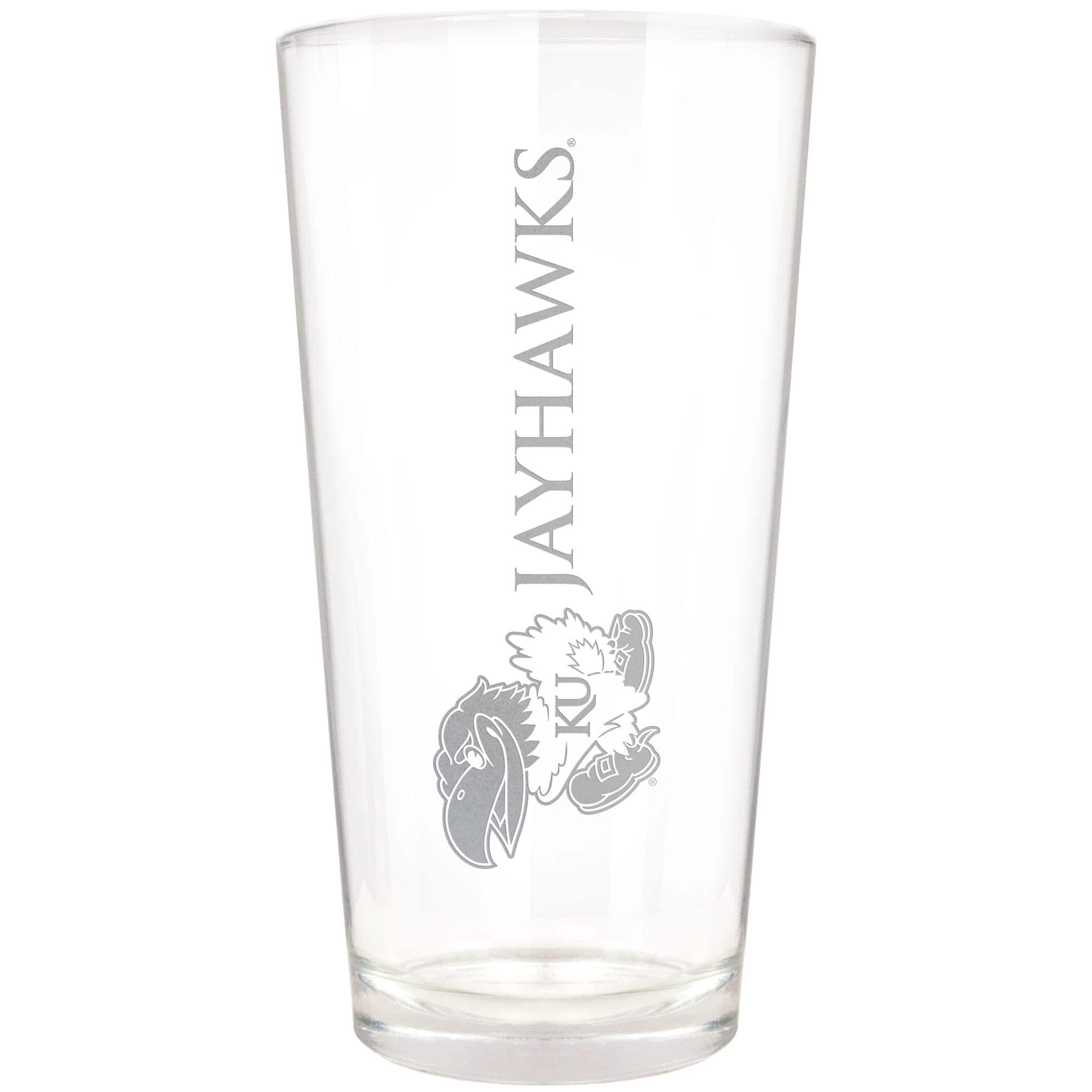 Front. Great American Products - Kansas Jayhawks Etched 16oz. Vertical Rally Cry Pint Glass - Multicolor.
