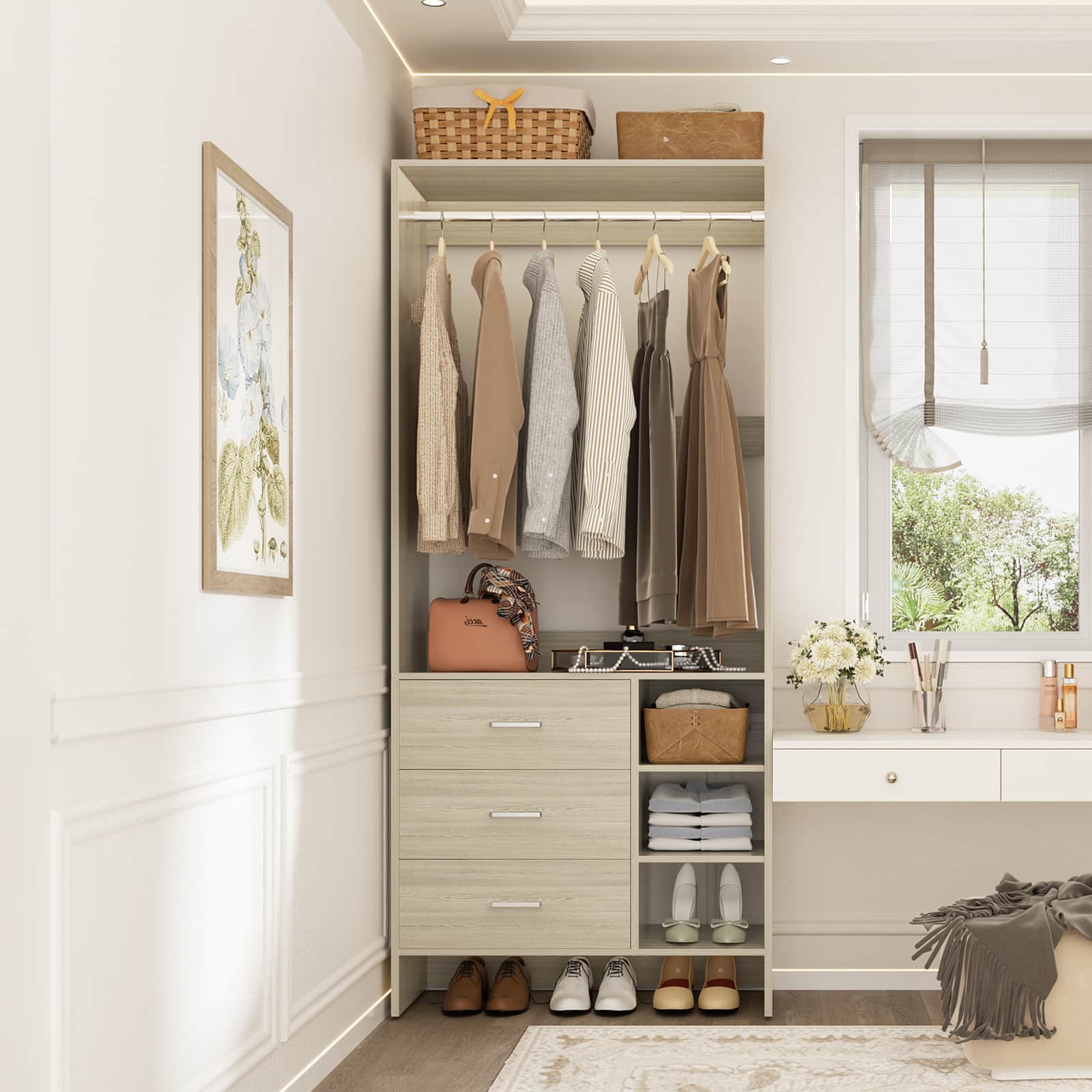 Front. Aheaplus - 2.5FT Closet System with 3 Drawers, 29.6'' Closet Organizer with Hanging Rod and Shelves - Beige Oak.