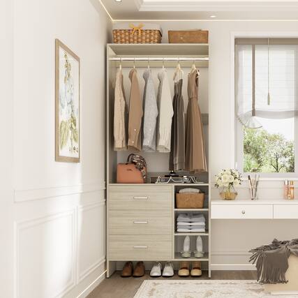 Front. Aheaplus - 2.5FT Closet System with 3 Drawers, 29.6'' Closet Organizer with Hanging Rod and Shelves - Beige Oak.