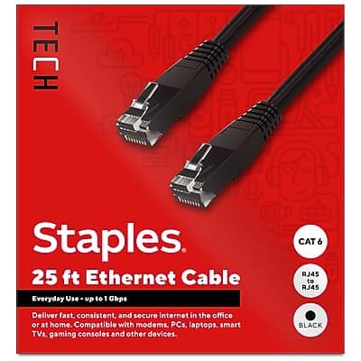 TECH Staples  
25 ft Ethernet Cable  
Everyday Use - up to 1 Gbps  
CAT 6 RJ45 to RJ45  
Deliver fast, consistent, and secure internet in the office or at home. Compatible with modems, PCs, laptops, smart TVs, gaming consoles, and other devices.  
BLACK
