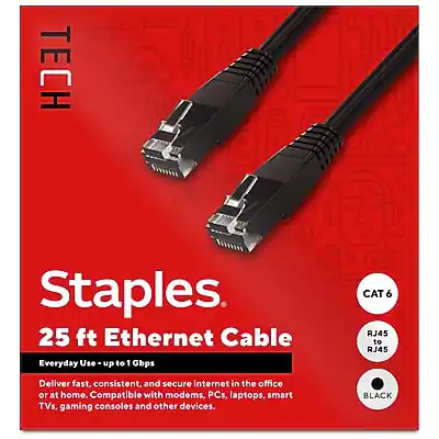 TECH Staples
25 ft Ethernet Cable
Everyday Use - up to 1 Gbps
CAT 6 RJ45 to RJ45
Deliver fast, consistent, and secure internet in the office or at home. Compatible with modems, PCs, laptops, smart TVs, gaming consoles, and other devices.
BLACK