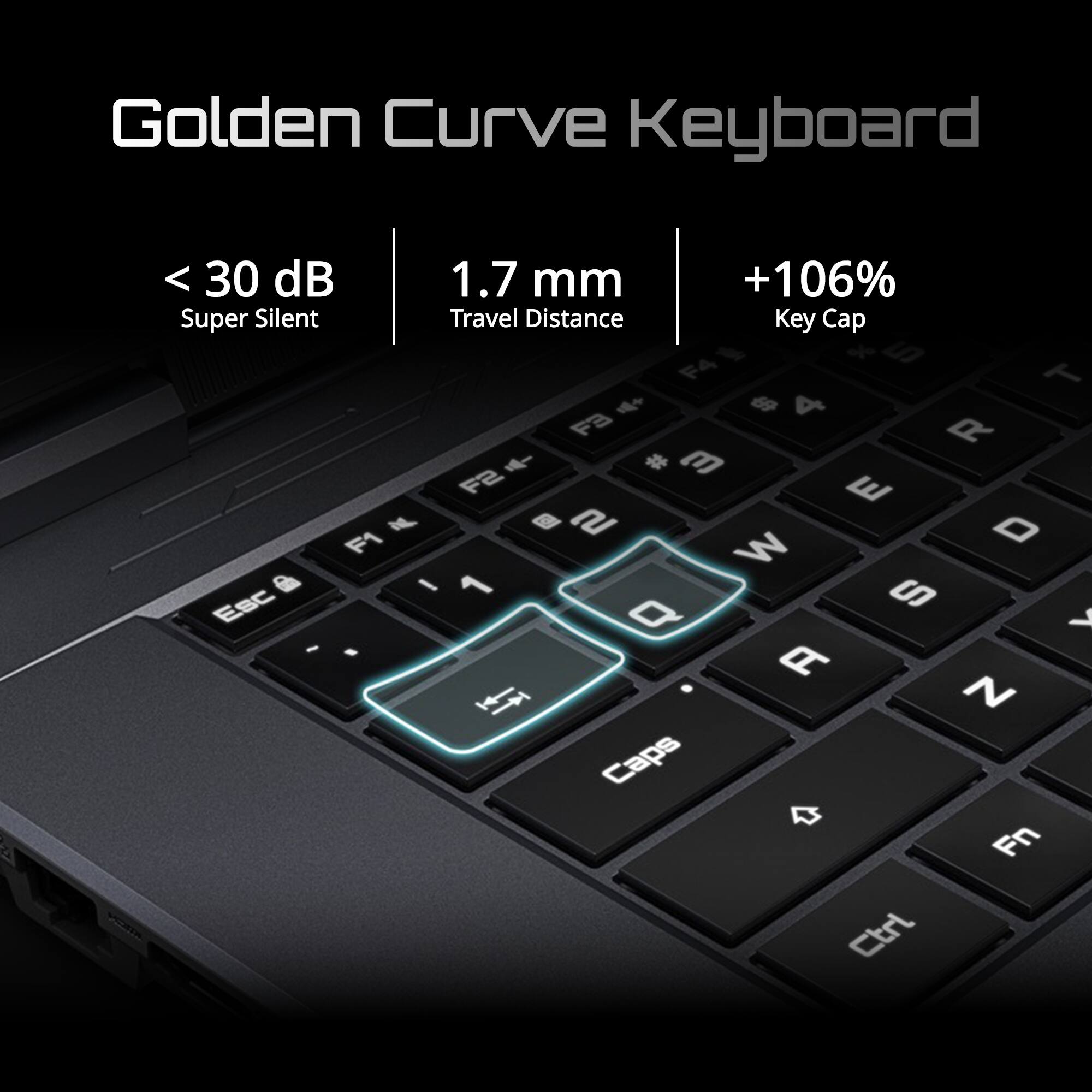 Golden Curve Keyboard  
< 30 dB  
1.7 mm  
+106% Super Silent Travel Distance  
Key Cap  

1 x u  
F4 T ~ S  
4 F3 R ~ #  
3 F2 E N @  
D F1 W  
1 S Esc  
9 A K N  
Caps Fn Ctrl