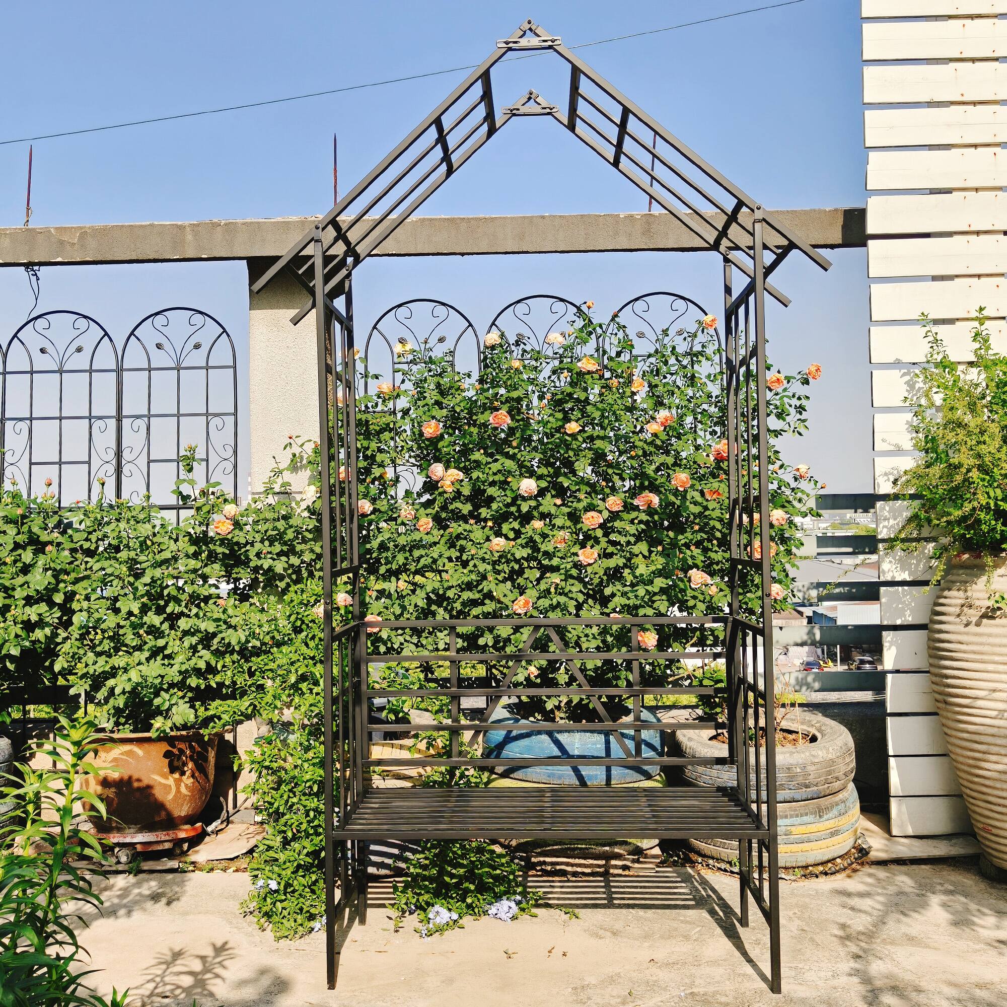 Alt View 2. Loheer - 4.84 ft Metal Garden Arch with Bench Rose Trellis Arbor for Outdoor Climbing Plants - Black.
