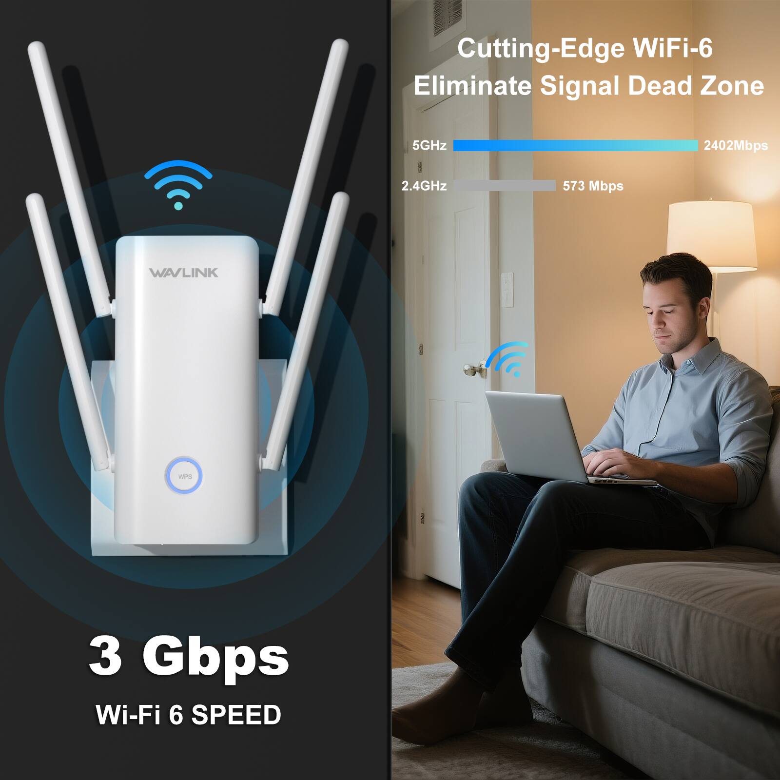 Cutting-Edge WiFi-6 Eliminate Signal Dead Zone

5GHz: 2402Mbps
2.4GHz: 573 Mbps

WAVLINK
WPS

3 Gbps Wi-Fi 6 SPEED
