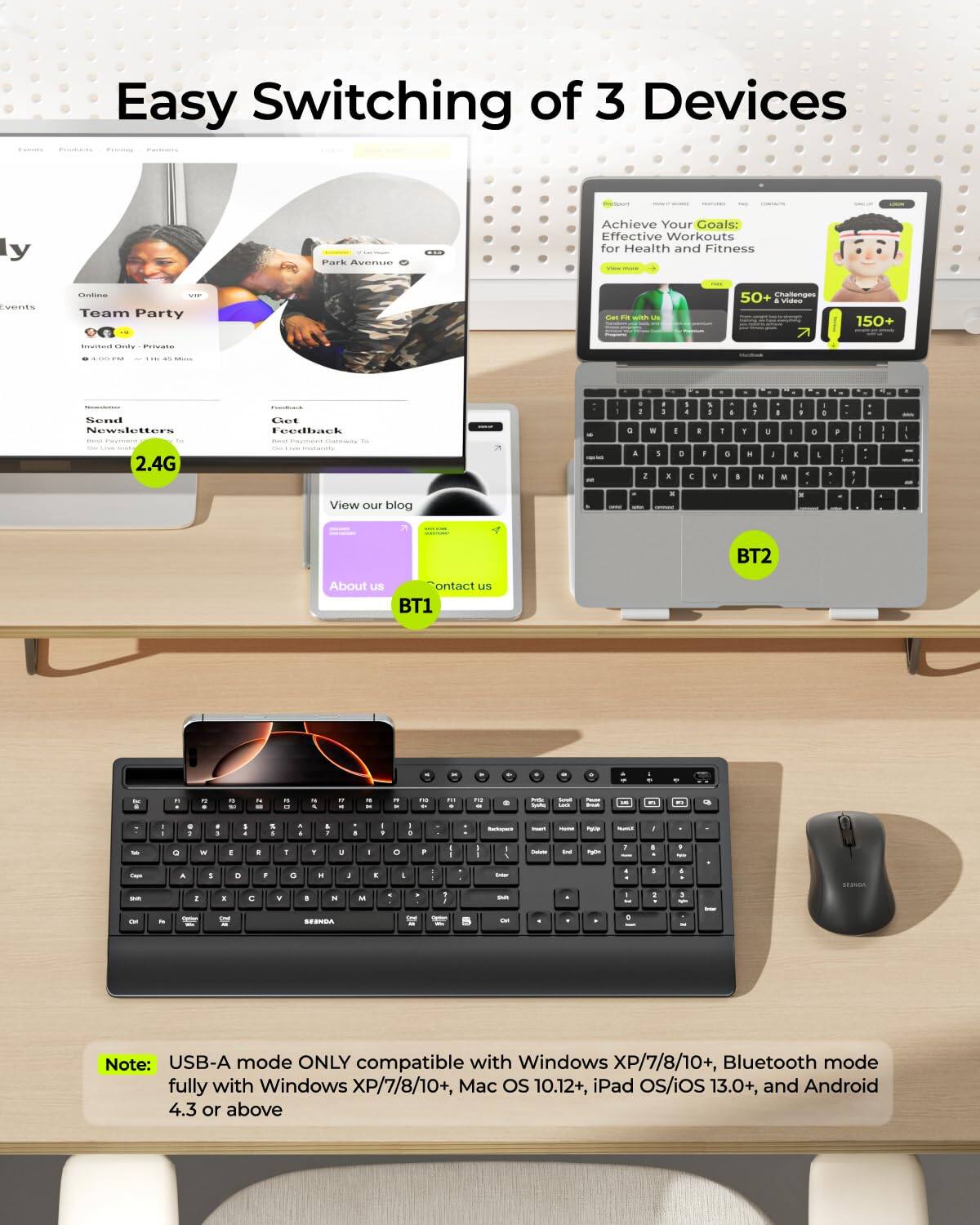 Easy Switching of 3 Devices

- Team Party
  - Send Newsletters
  - Get Feedback

- Achieve Your Goals: Effective Workouts for Health and Fitness
  - 50+ Exercises
  - 150+ Videos

- View our blog
- About us
- Contact us

Note: USB-A mode ONLY compatible with Windows XP/7/8/10+, Bluetooth mode fully with Windows XP/7/8/10+, Mac OS 10.12+, iPad OS/iOS 13.0+, and Android 4.3 or above