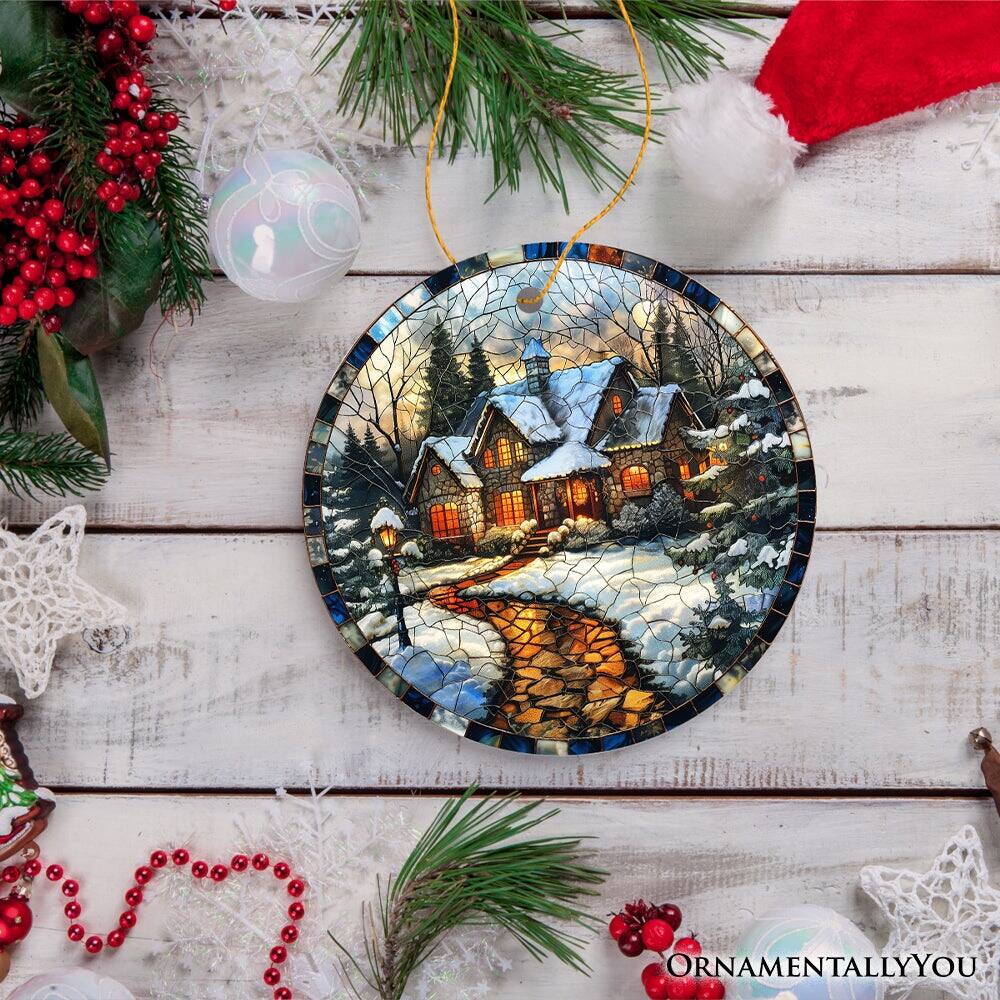 Back. OrnamentallyYou - Rustic Winter Cabin Stained Glass Ceramic Christmas Ornament Vintage Decor Version 2 - Multi-colored.