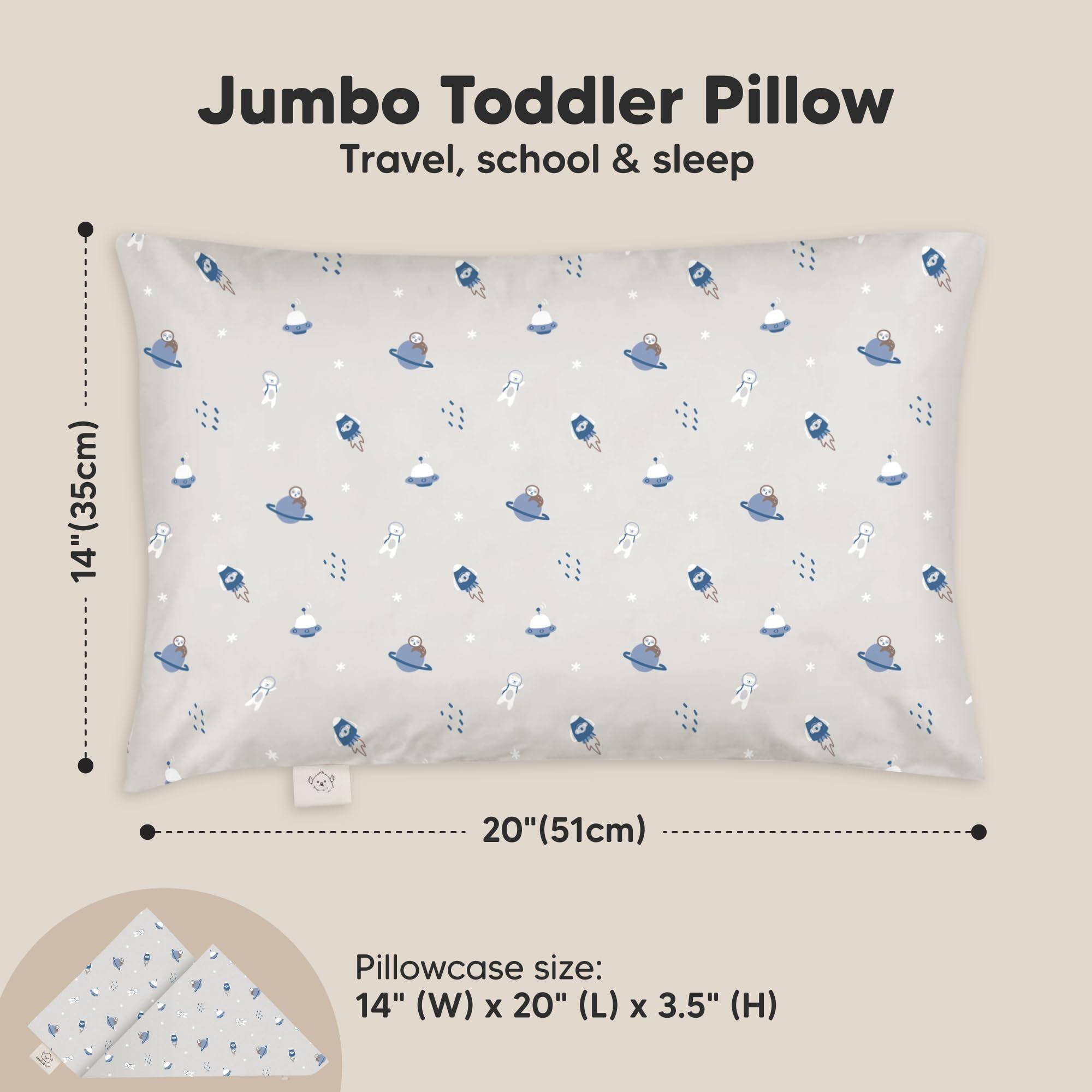Jumbo Toddler Pillow  
Travel, school & sleep  

14" (35cm) x 20" (51cm)  

Pillowcase size:  
14" (W) x 20" (L) x 3.5" (H)