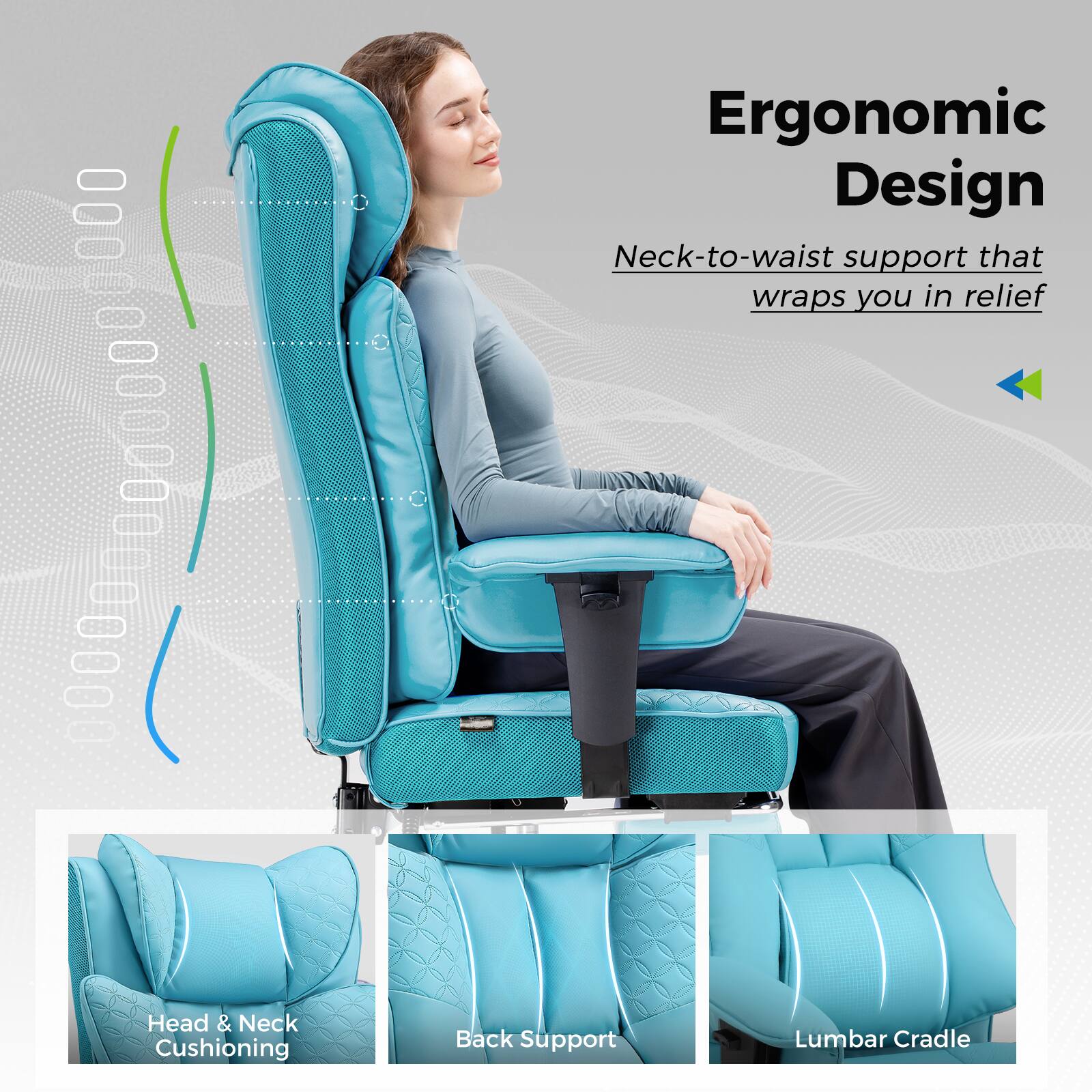 Ergonomic Design  
Neck-to-waist support that wraps you in relief  

Head & Neck Cushioning  
Back Support  
Lumbar Cradle