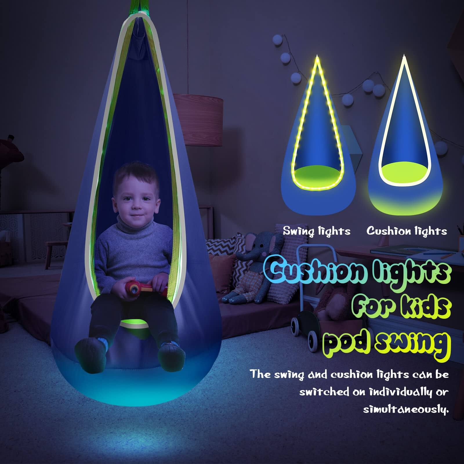 Swing lights  
Cushion lights  

Cushion lights for kids pod swing  

The swing and cushion lights can be switched on individually or simultaneously.