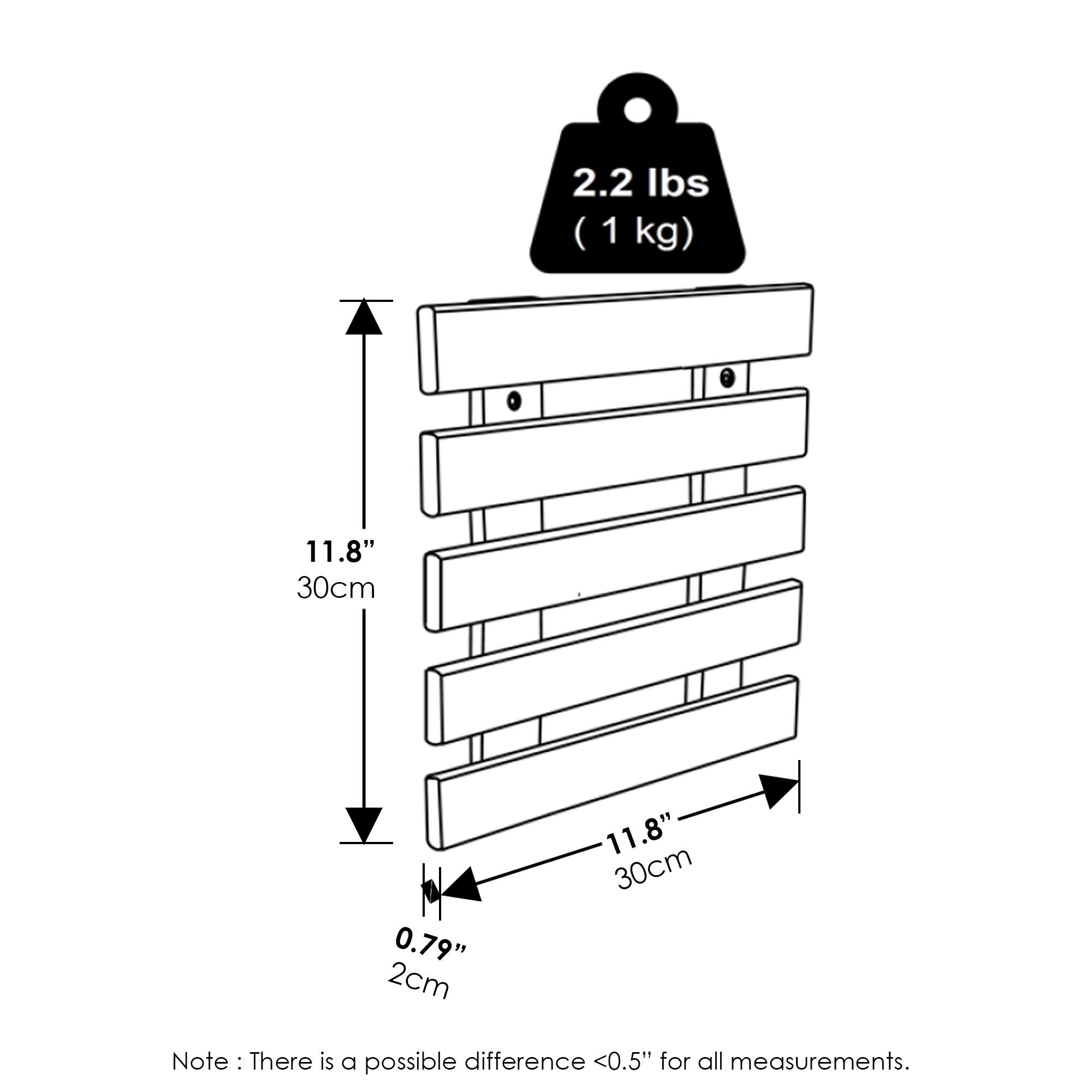 2.2 lbs (1 kg)  
11.8" (30cm)  
0.79" (2cm)  
11.8" (30cm)  

Note: There is a possible difference <0.5" for all measurements.