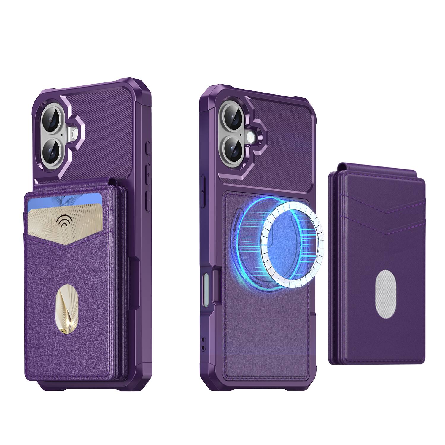 Angle. Dteck - For Apple iPhone 16 Wallet Case 2-in-1 Magnetic Leather Flip Stand RFID Blocking Cover With Detachable Card Holder - Purple.