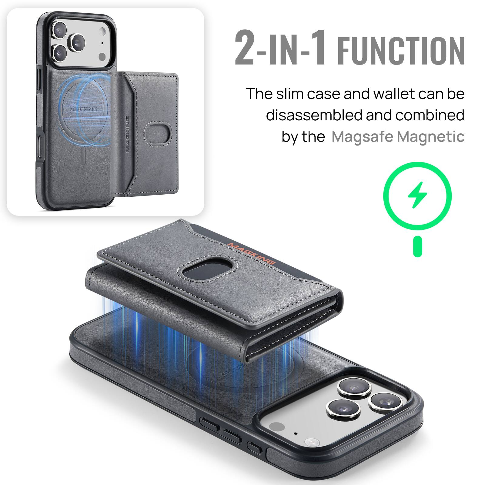 2-IN-1 FUNCTION  
The slim case and wallet can be disassembled and combined by the Magsafe Magnetic