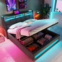 Anysun - Queen Size Upholstered Platform Bed - Hydraulic Storage, LED, Charging Station, No Box Spring, Easy Assembly - Gray
