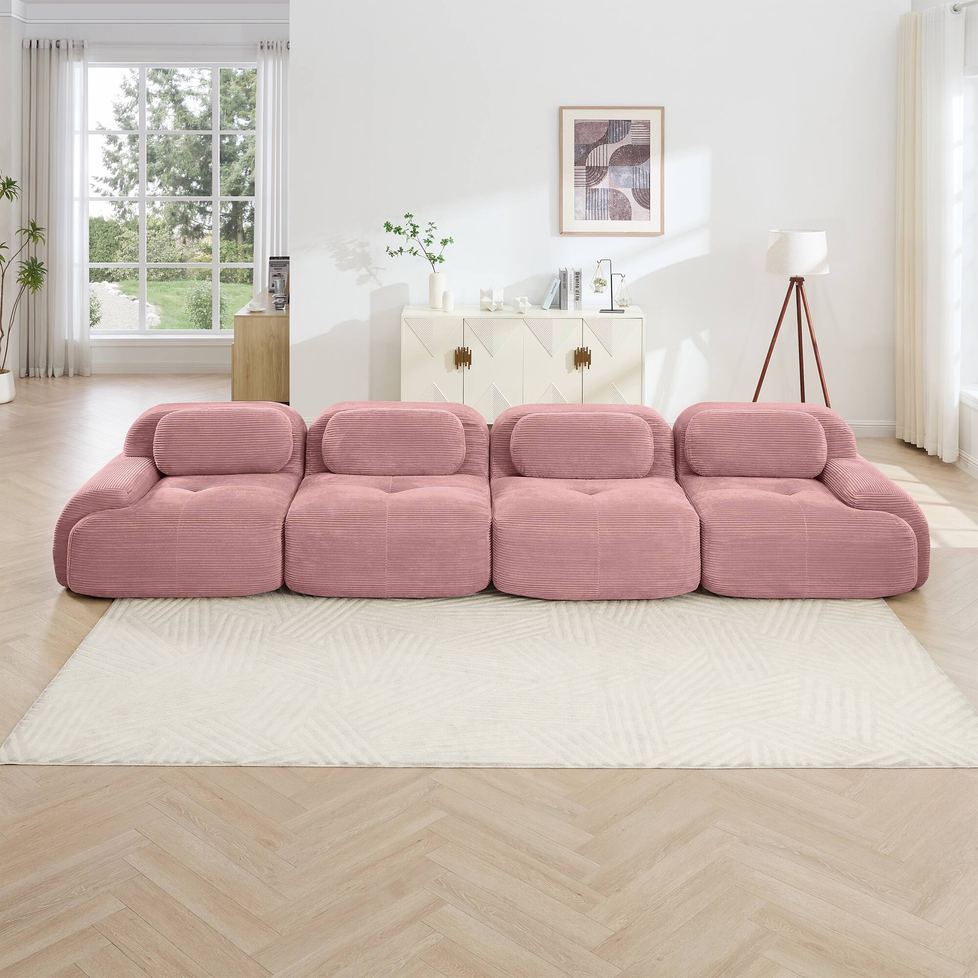 Angle. Aukfa - 4 seats Modular Corduroy Sectional Sofa with Ergonomic Support - Pet Friendly, Easy Assembly, Non-Slip Base Design - Pink.