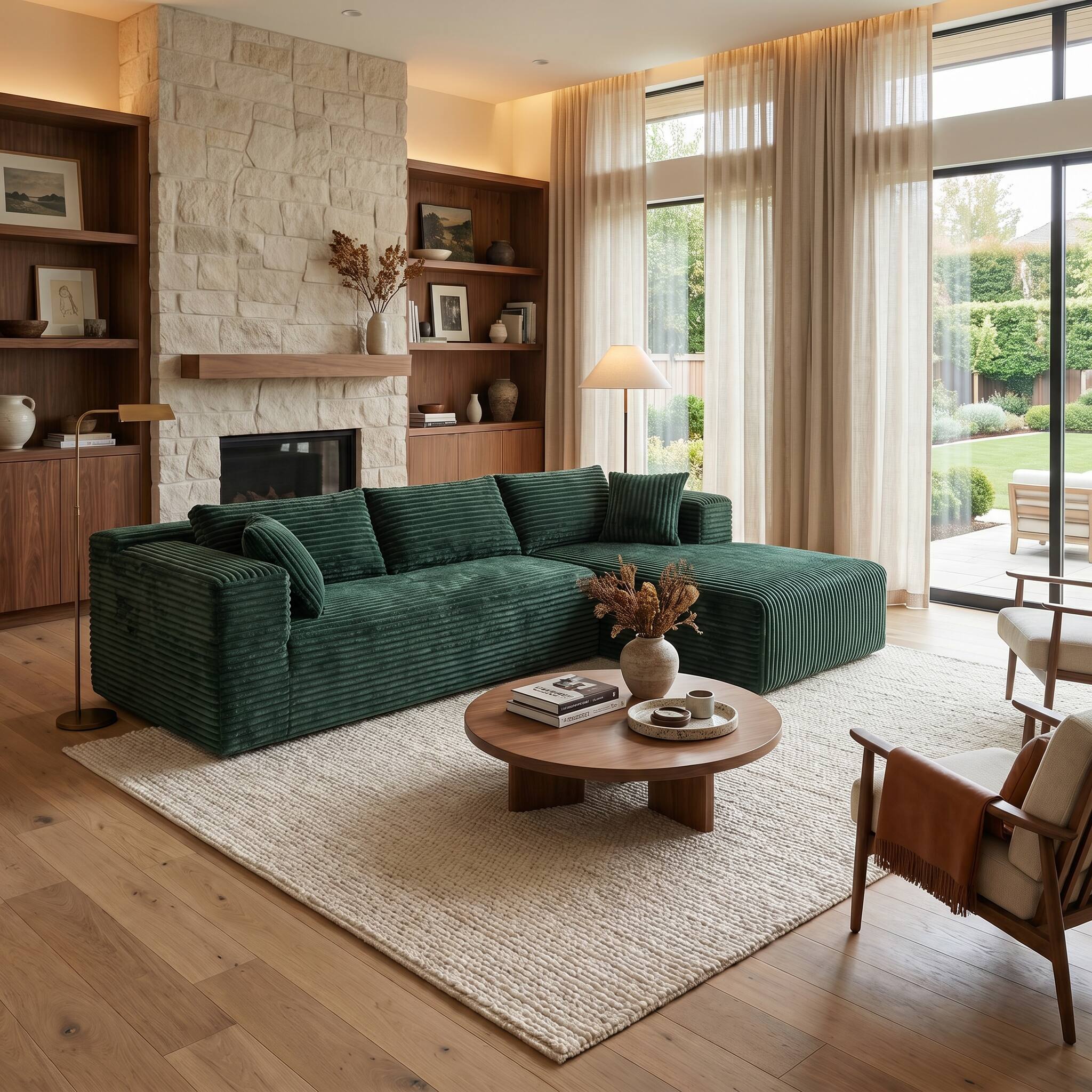 Back. FUFU & GAGA - Modular Corduroy L-Shaped Sectional Sofa with Chaise, High-Density Rebound Sponge Cushions Tool-Free Assembly - Dark Green.