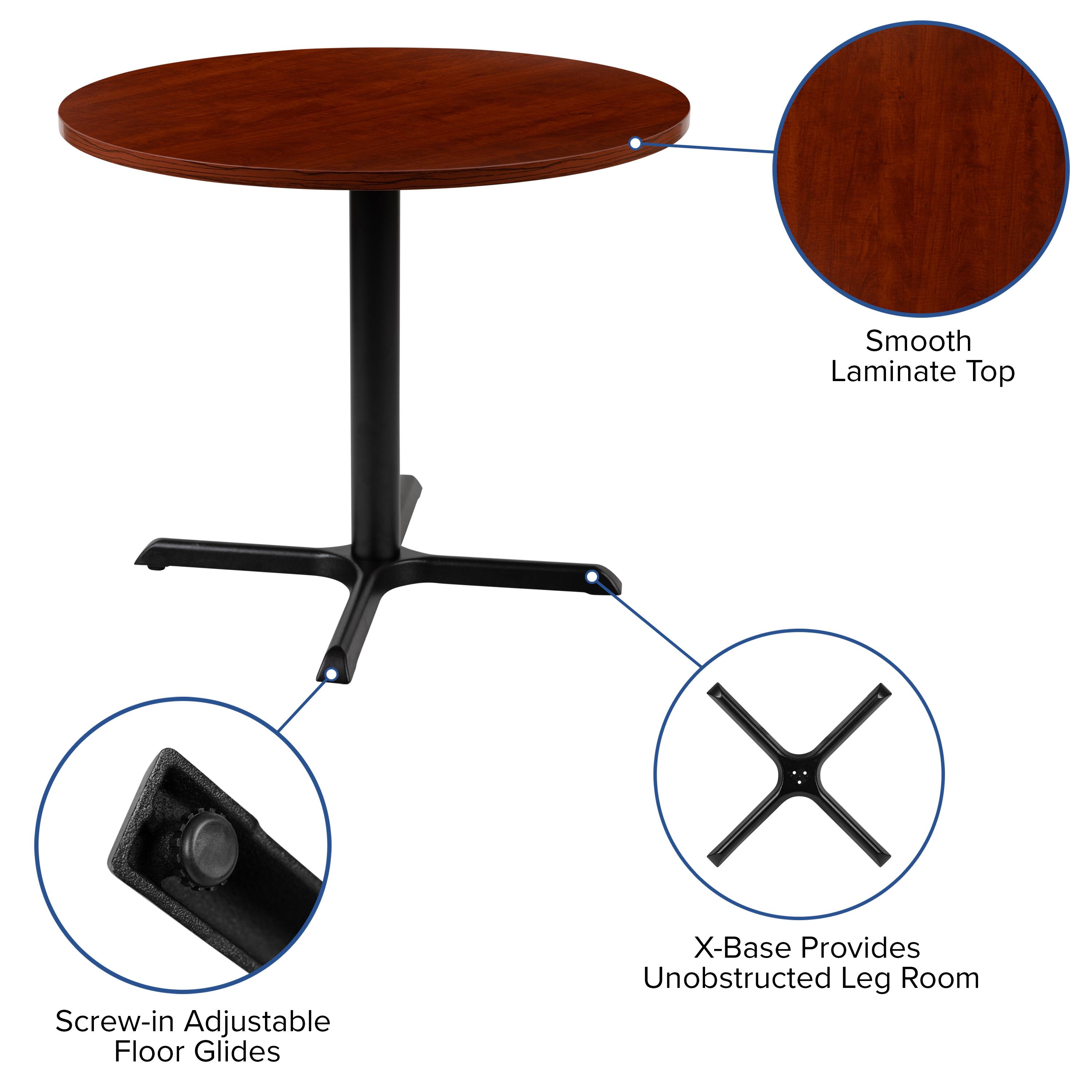 Smooth Laminate Top  
Screw-in Adjustable Floor Glides  
X-Base Provides Unobstructed Leg Room