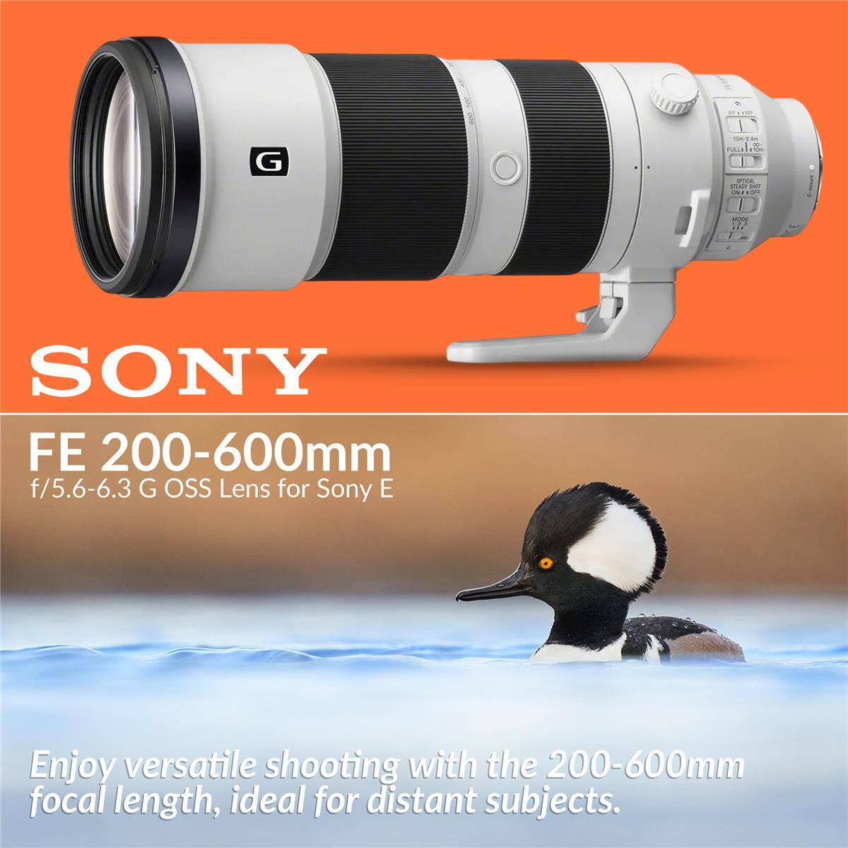 G
10m-2.4m op- FULLITION OPTICAL STEADY TOKE ON WOFF
MODE 172 ...
SONY FE 200-600mm f/5.6-6.3 G OSS Lens for Sony E
Enjoy versatile shooting with the 200-600mm focal length, ideal for distant subjects.
