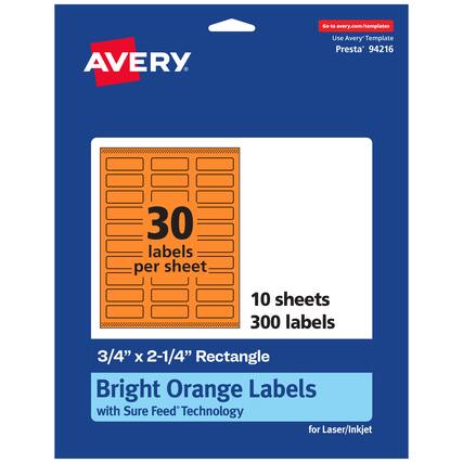 Go to avery.com/templates
AVERY
Use Avery Template Presta 94216
30 labels per sheet
10 sheets
300 labels
3/4" x 2-1/4" Rectangle
Bright Orange Labels with Sure Feed Technology for Laser/Inkjet