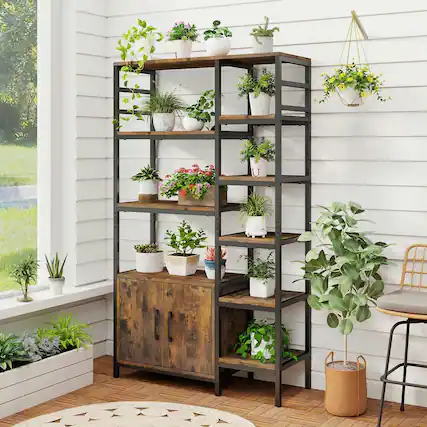 Front. Kadyn - Double Wide 8-Tier Bookshelf with 2-Door Cabinet - Living Room & Home Office, Rustic Brown & Black - Brown.