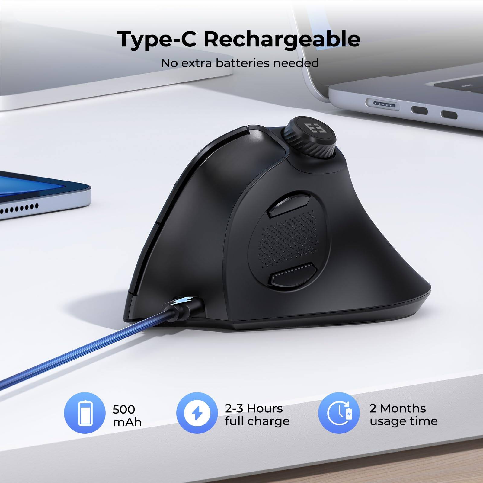 Type-C Rechargeable  
No extra batteries needed  

500 mAh  
2-3 Hours full charge  
2 Months usage time